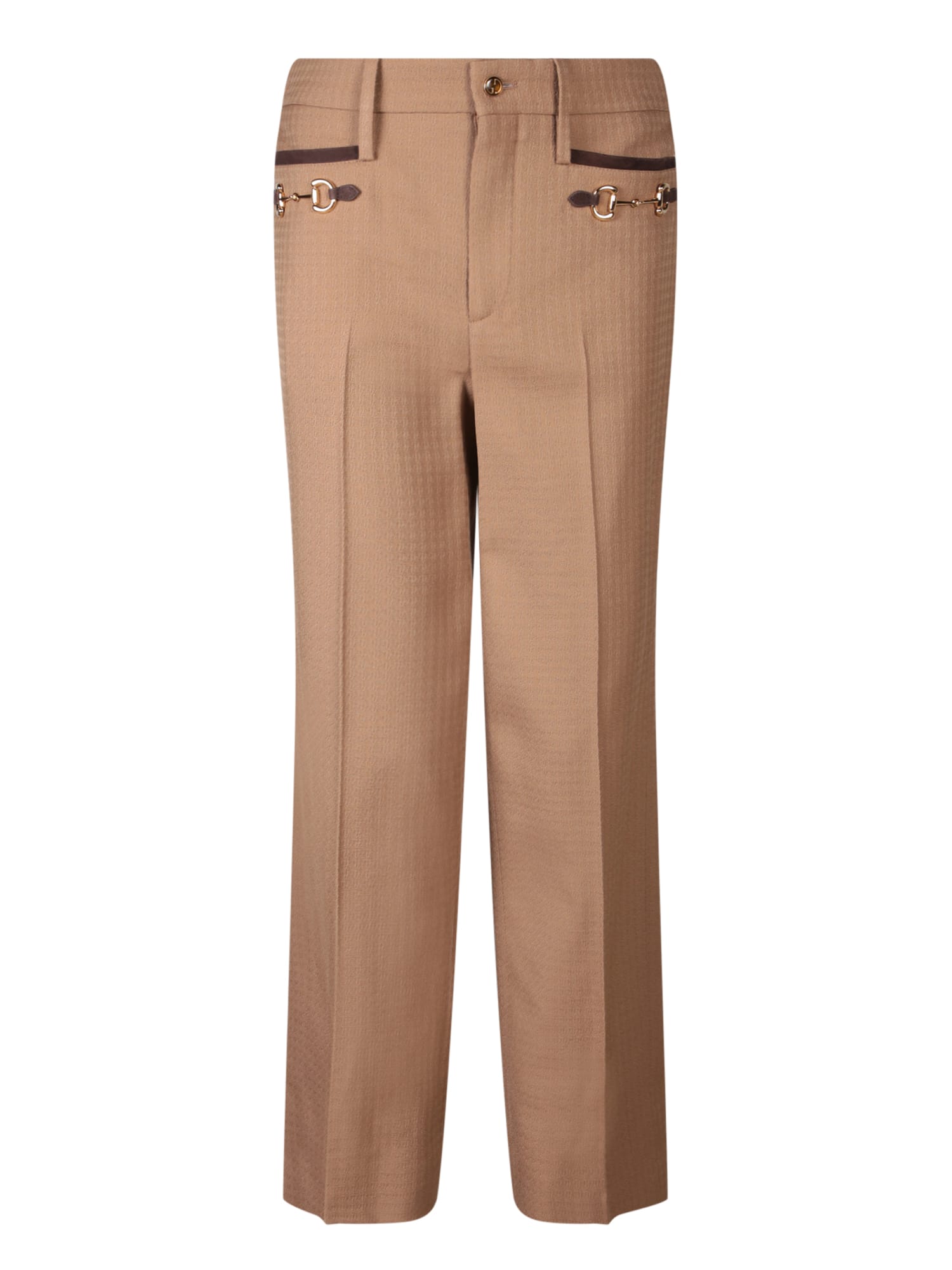 Shop Gucci Horsebit Brown Trousers In Beige