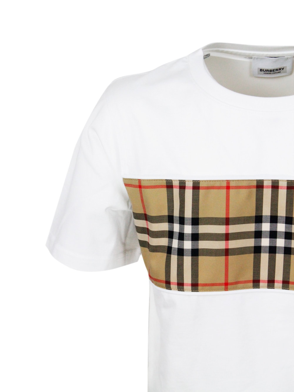 Shop Burberry Crew Neck T-shirt In Cotton Jersey With Classic Check Pattern On The Front In White
