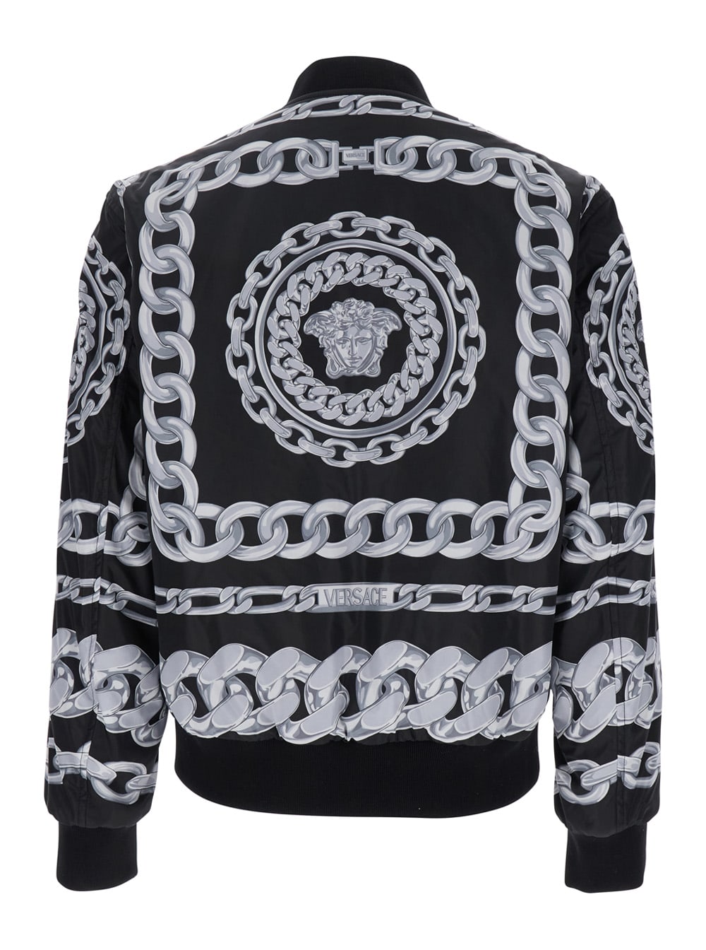 Versace Reversible Padded Printed Shell Bomber Jacket In Black+silver