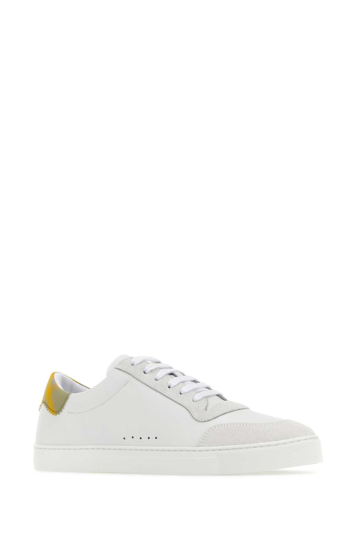 Shop Burberry White Leather Check Sneakers In Opwhthunteripchk