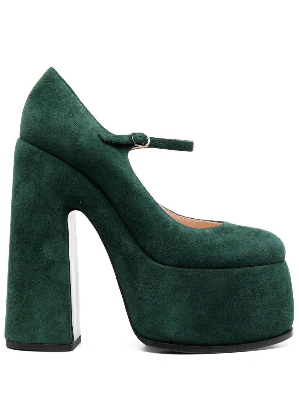 Casadei Mary Jane Rock Dark Green Suede Heeled Sandals With Instep Strap And Platform