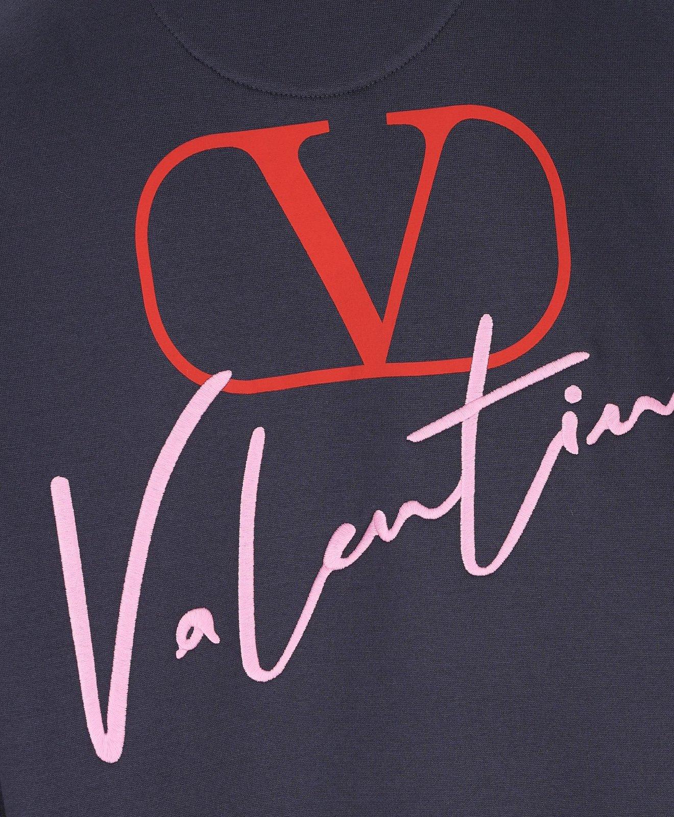 Shop Valentino Logo Printed Drawstring Hoodie In Blue