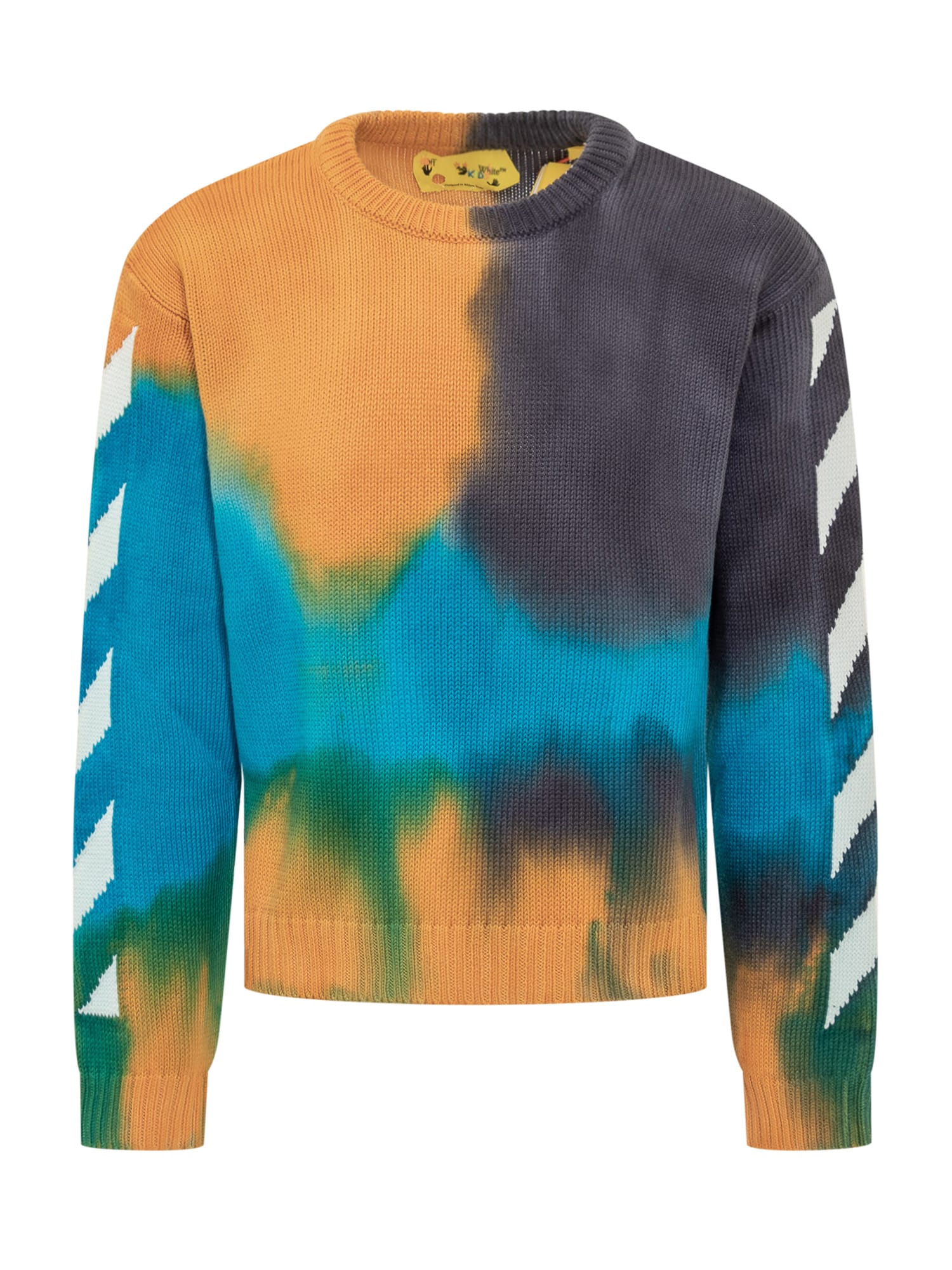 Off-white Boy's Arrow Logo & Stripes Intarsia Sweater In Melon White