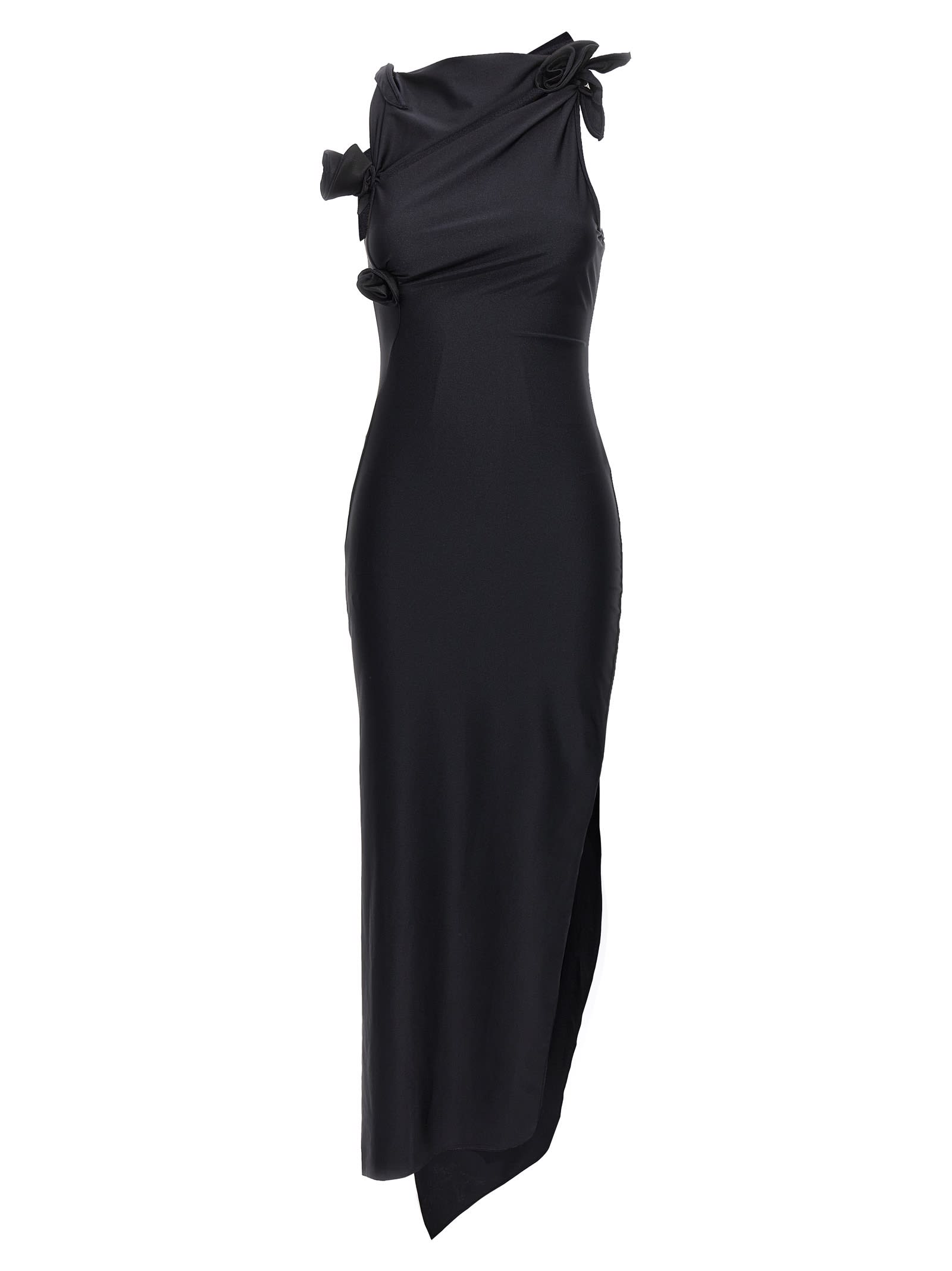 Shop Coperni Asymmetric Flower Long Dress In Black