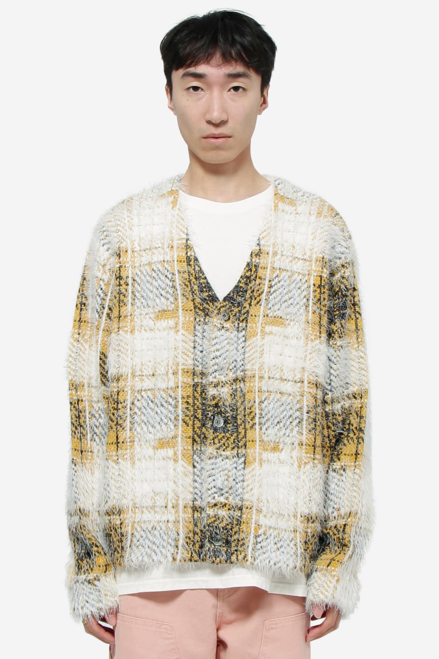 stussy hairy plaid cardigan  yellow