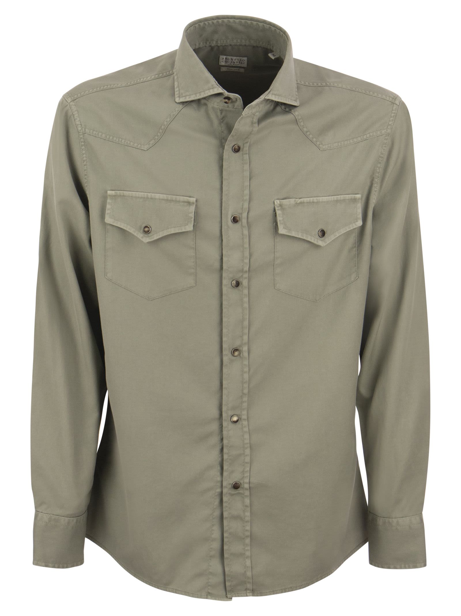 BRUNELLO CUCINELLI GARMENT-DYED EASY-FIT TWILL SHIRT WITH PRESS STUDS, EPAULETTES AND POCKETS