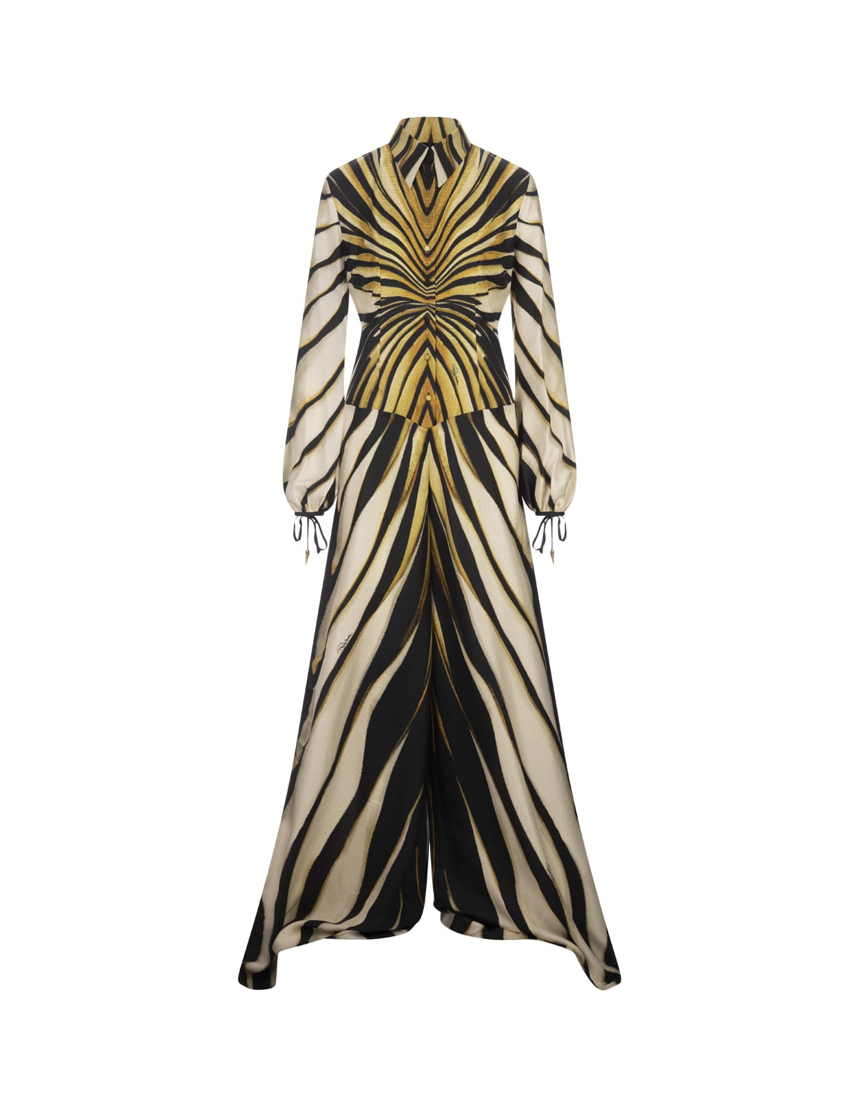 Shop Roberto Cavalli Ray Of Gold Print Silk Shirt Jumpsuit In Golden