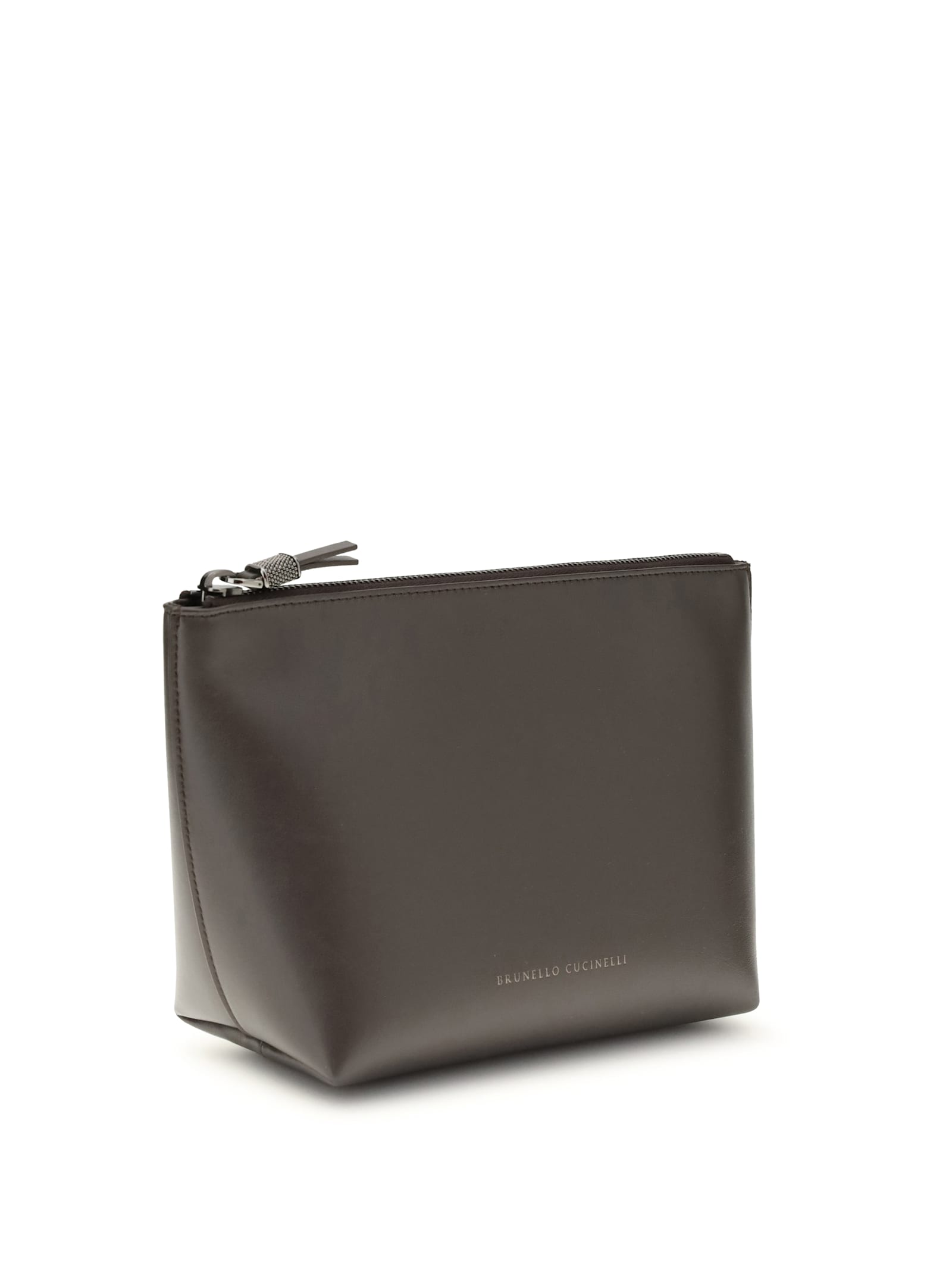 Brunello Cucinelli Leather Pouch With Shiny Zipper Pull In Neutral