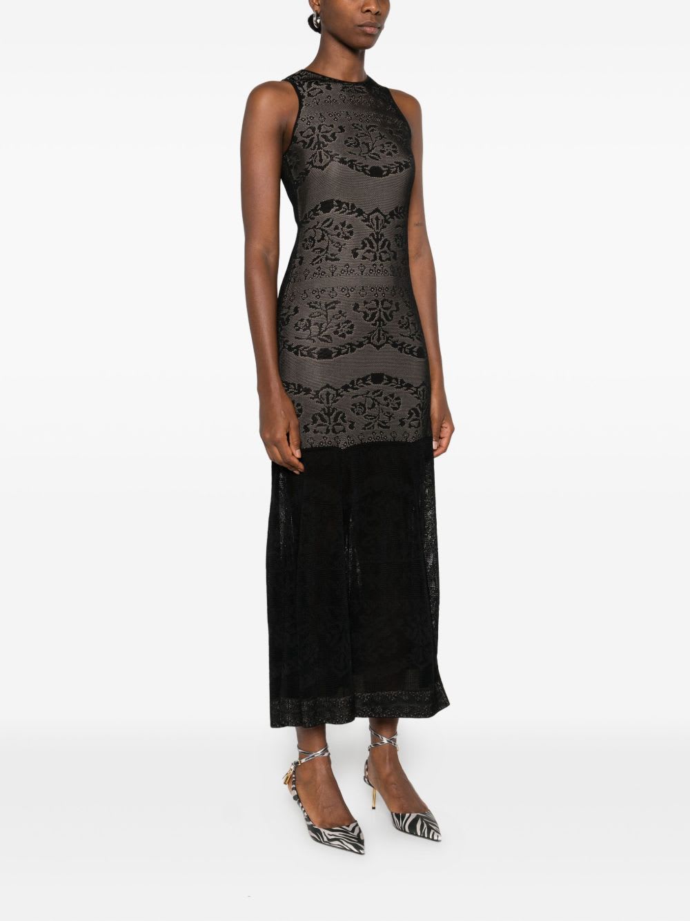Twinset Twin-set Fitted Bodice Maxi Dress With Floral Lace Overlay In Black