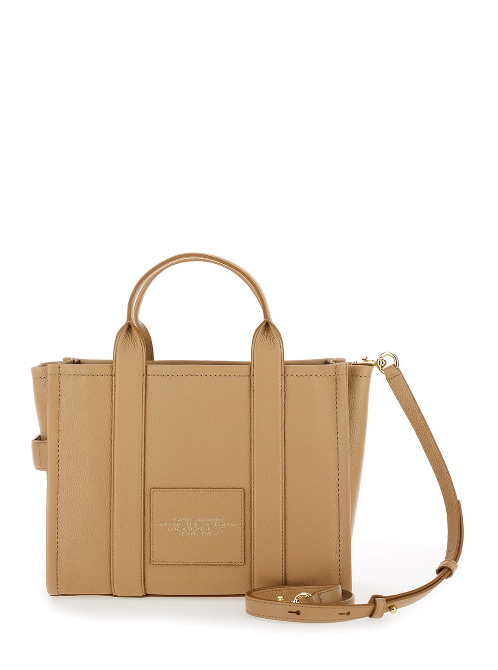 Shop Marc Jacobs The Medium Tote Bag Beige Shoulder Bag With Logo In Grainy Leather Woman