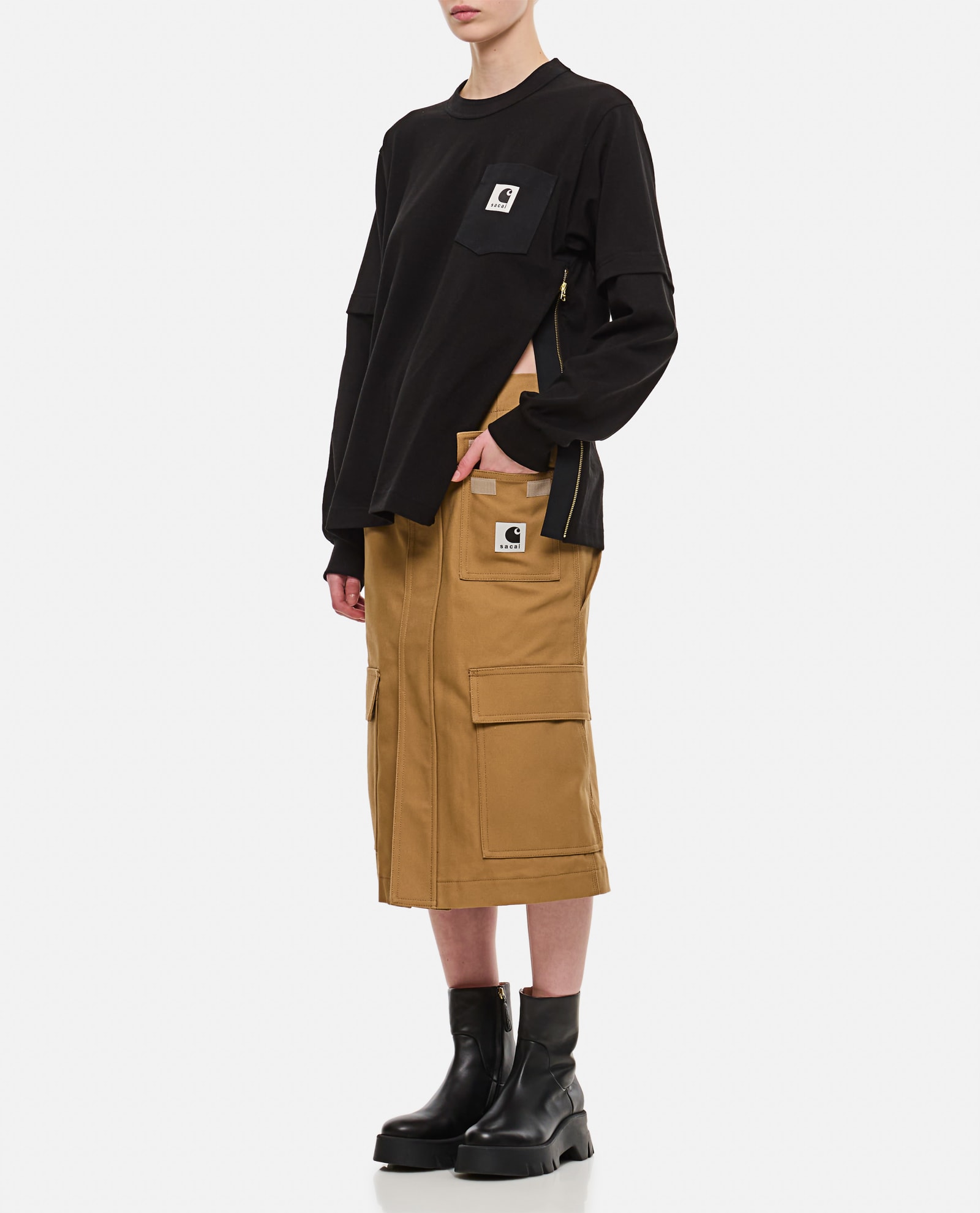Shop Sacai X Carhartt Wip Cotton Skirt In Beige