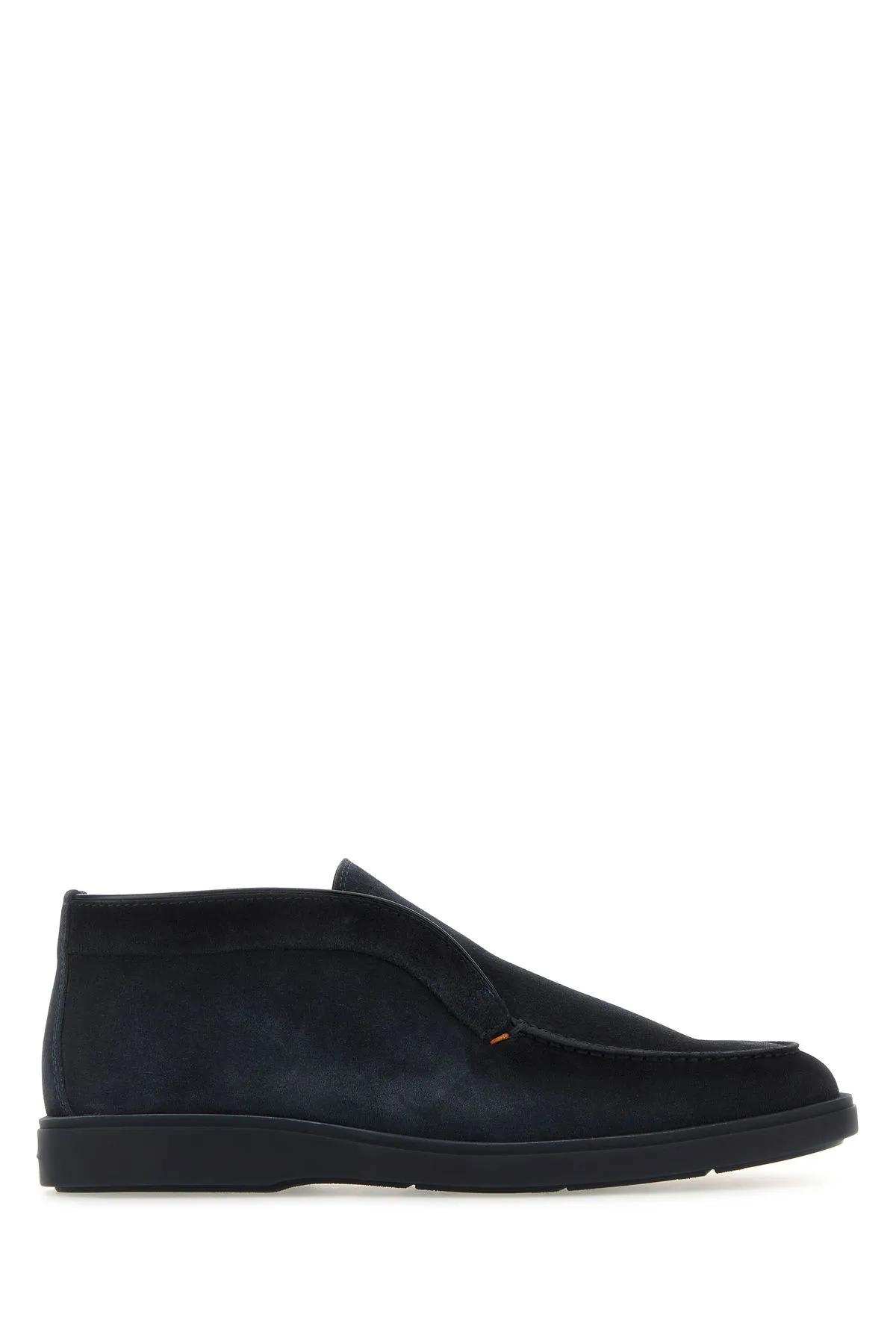 Shop Santoni Navy Blue Suede Loafers