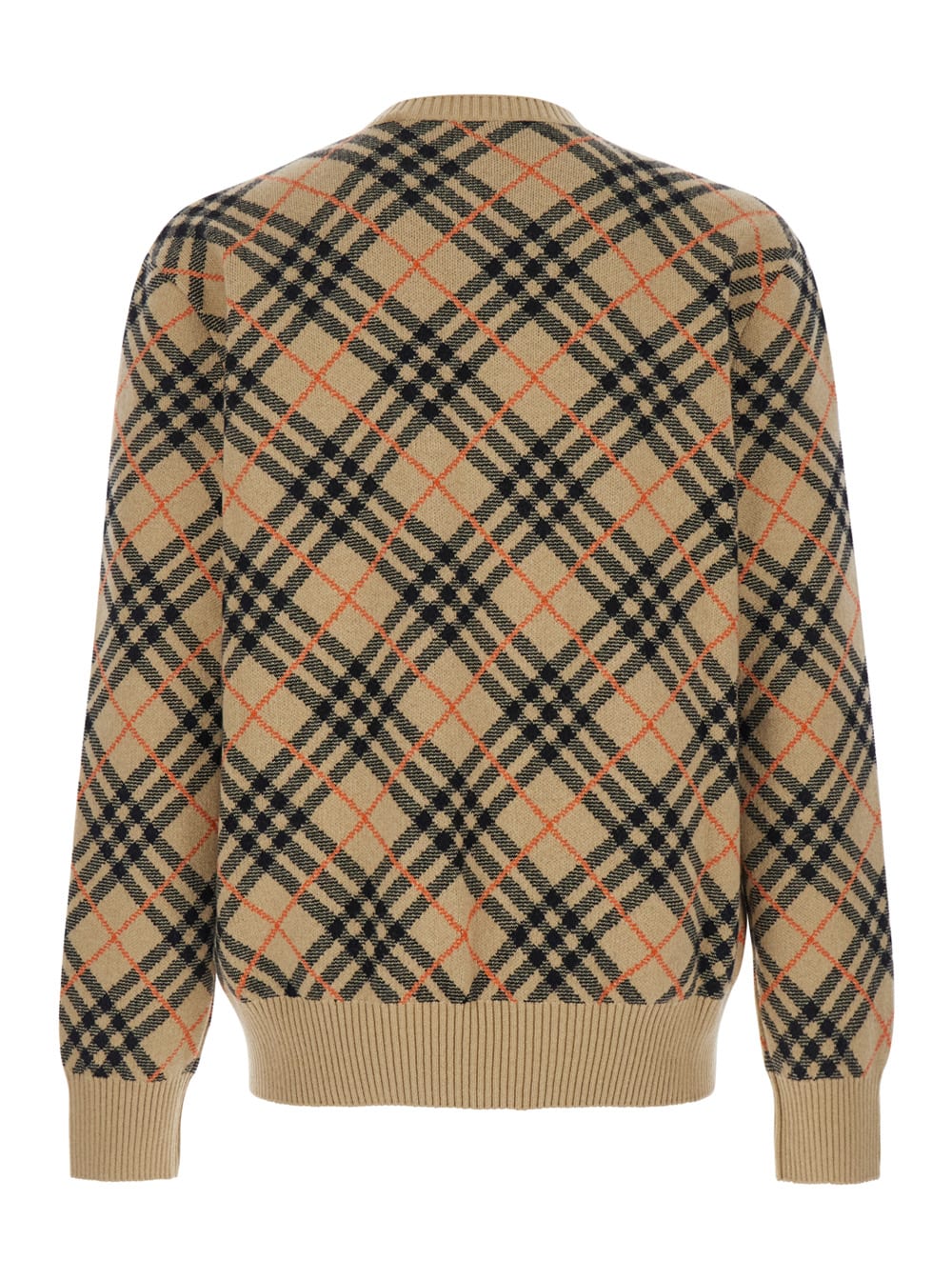 Shop Burberry Beige Crewneck Sweater With All-over Check Motiv In Cashmere Man