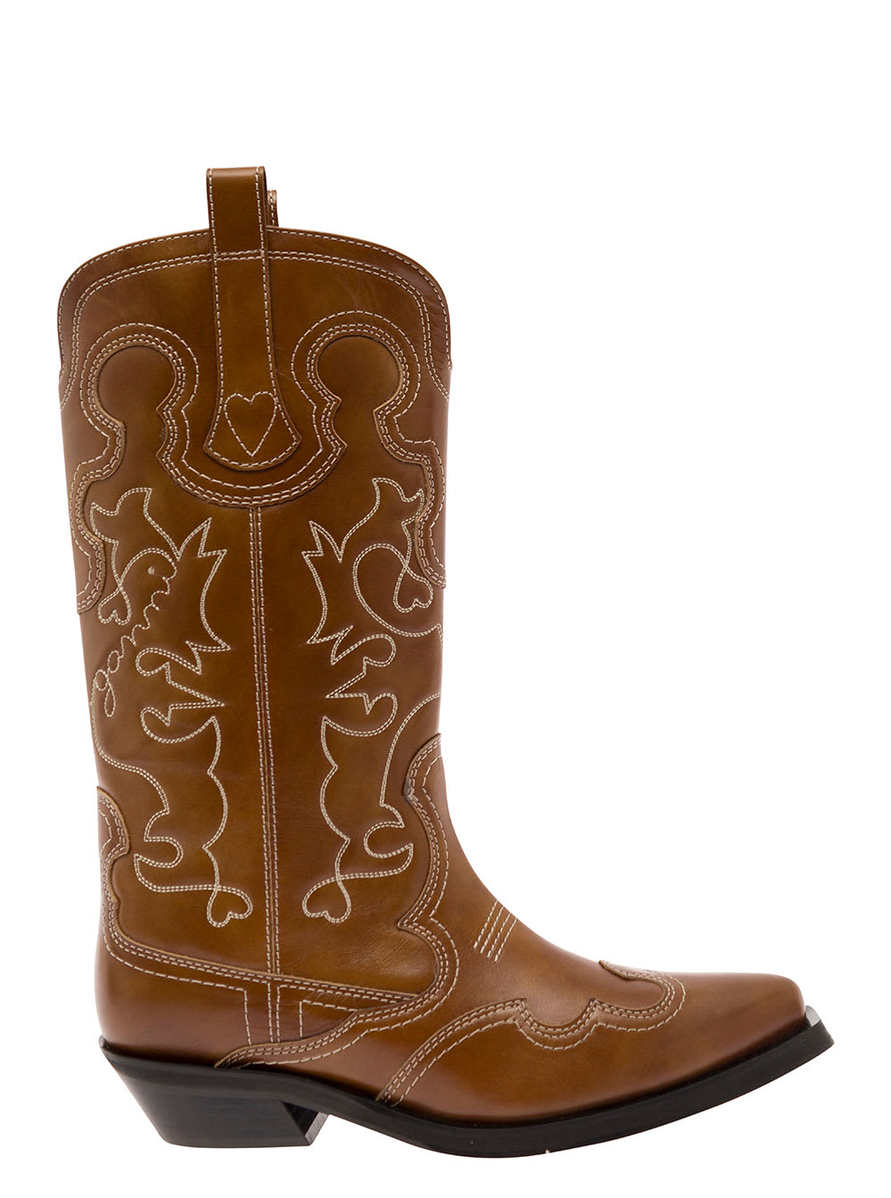 GANNI BROWN WESTERN BOOTS WITH ALL-OVER EMBROIDERY IN LEATHER WOMAN