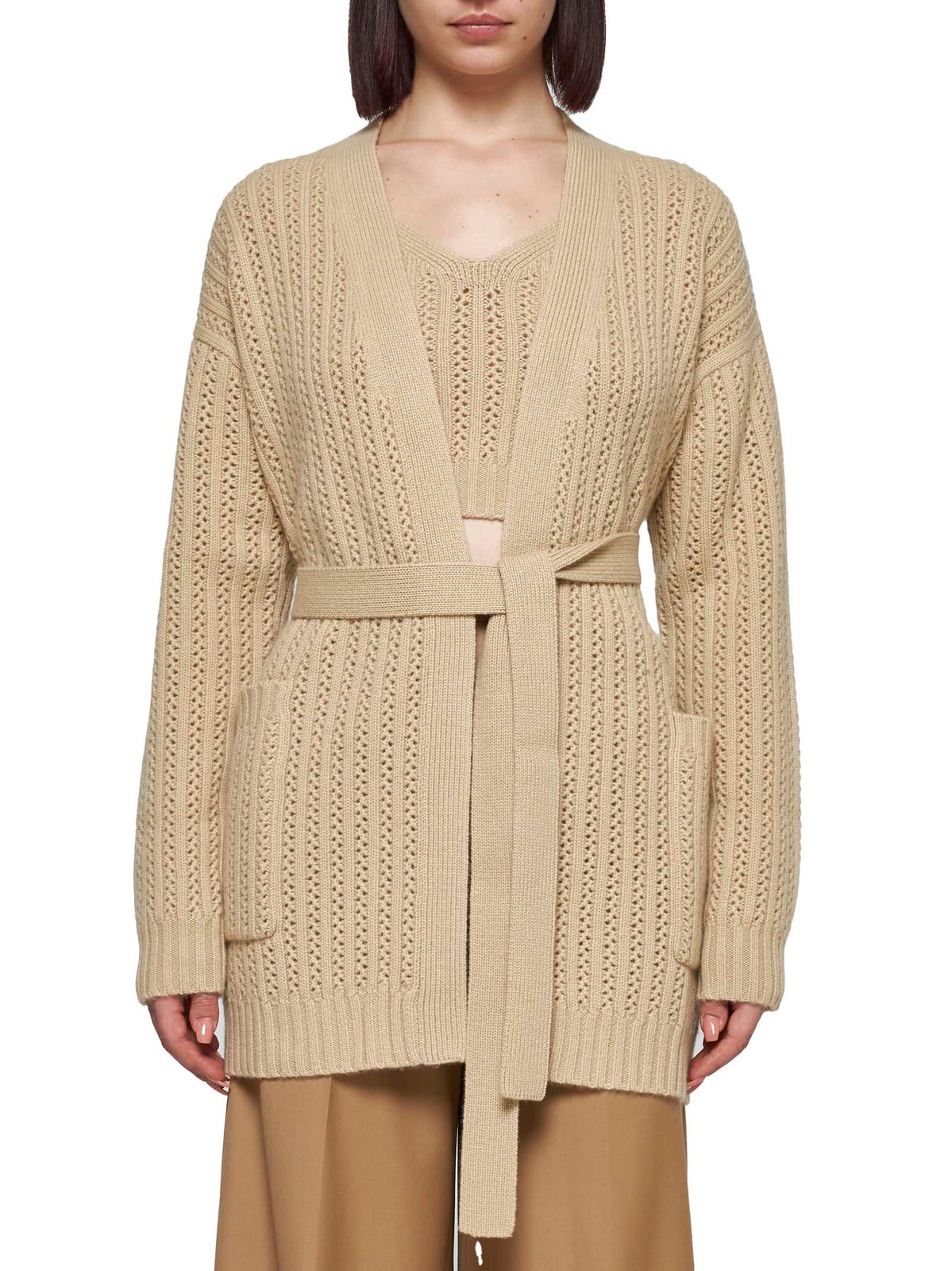 Shop Max Mara Balzac Belted Long-sleeved Cardigan In Ecru