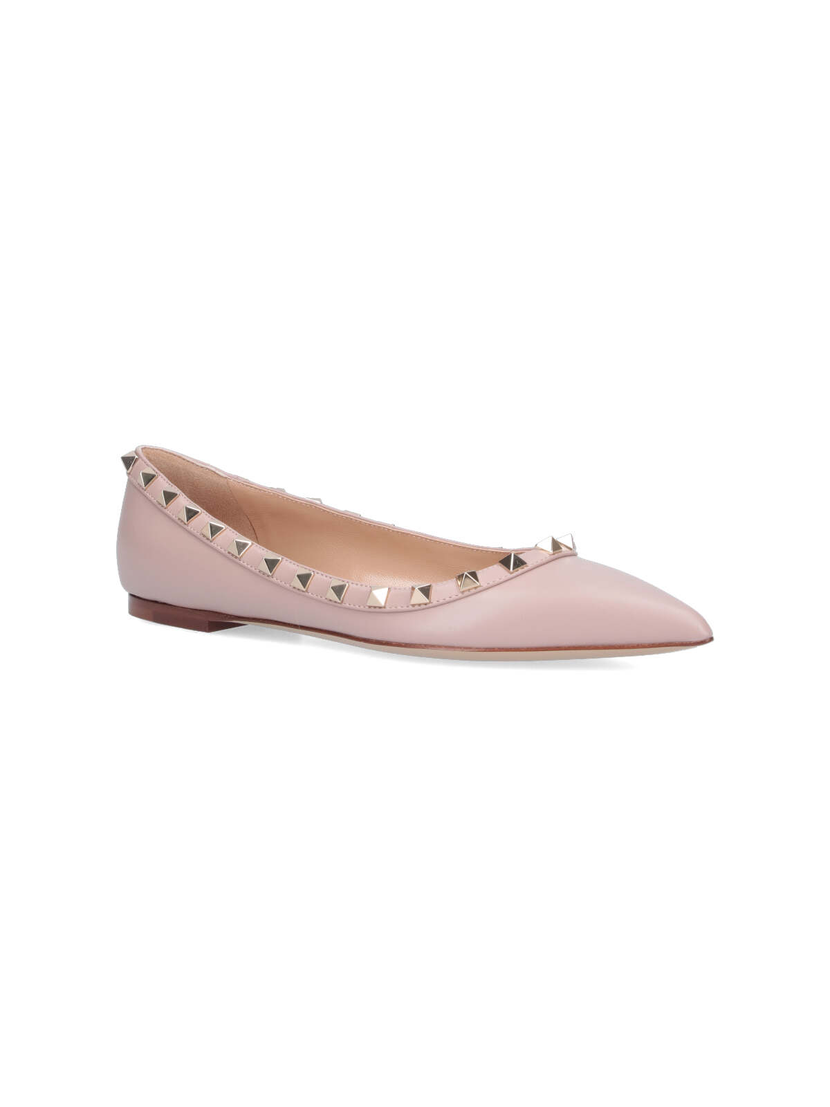 Valentino Pointed Toe Flat Shoes With Gold-tone Rockstuds In Pink