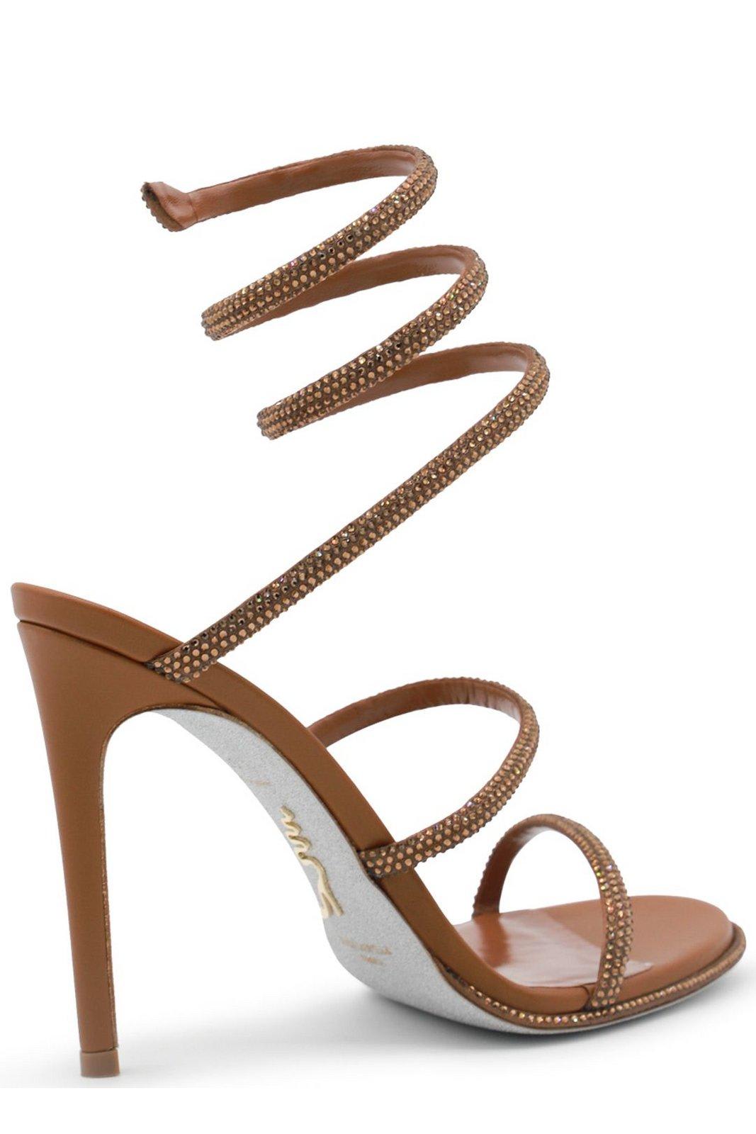 Shop René Caovilla Embellished Spiral Strap Heeled Sandals In White