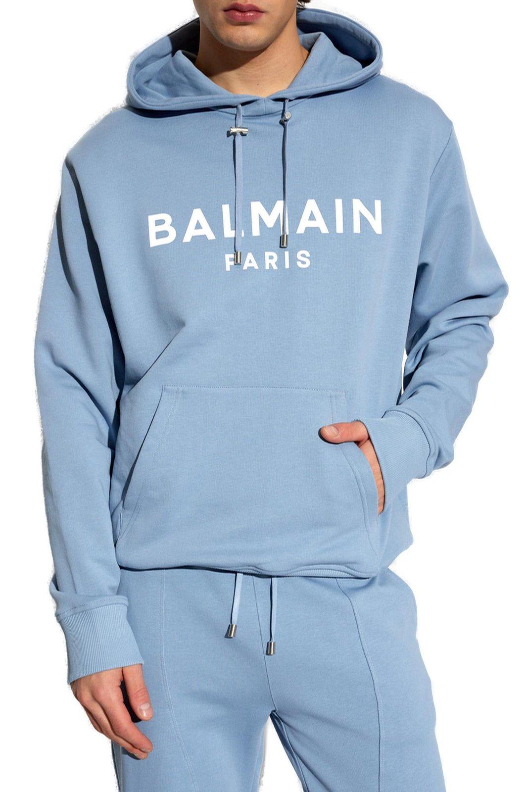 Shop Balmain Logo Printed Drawstring Hoodie In Bleu Pale/blanc