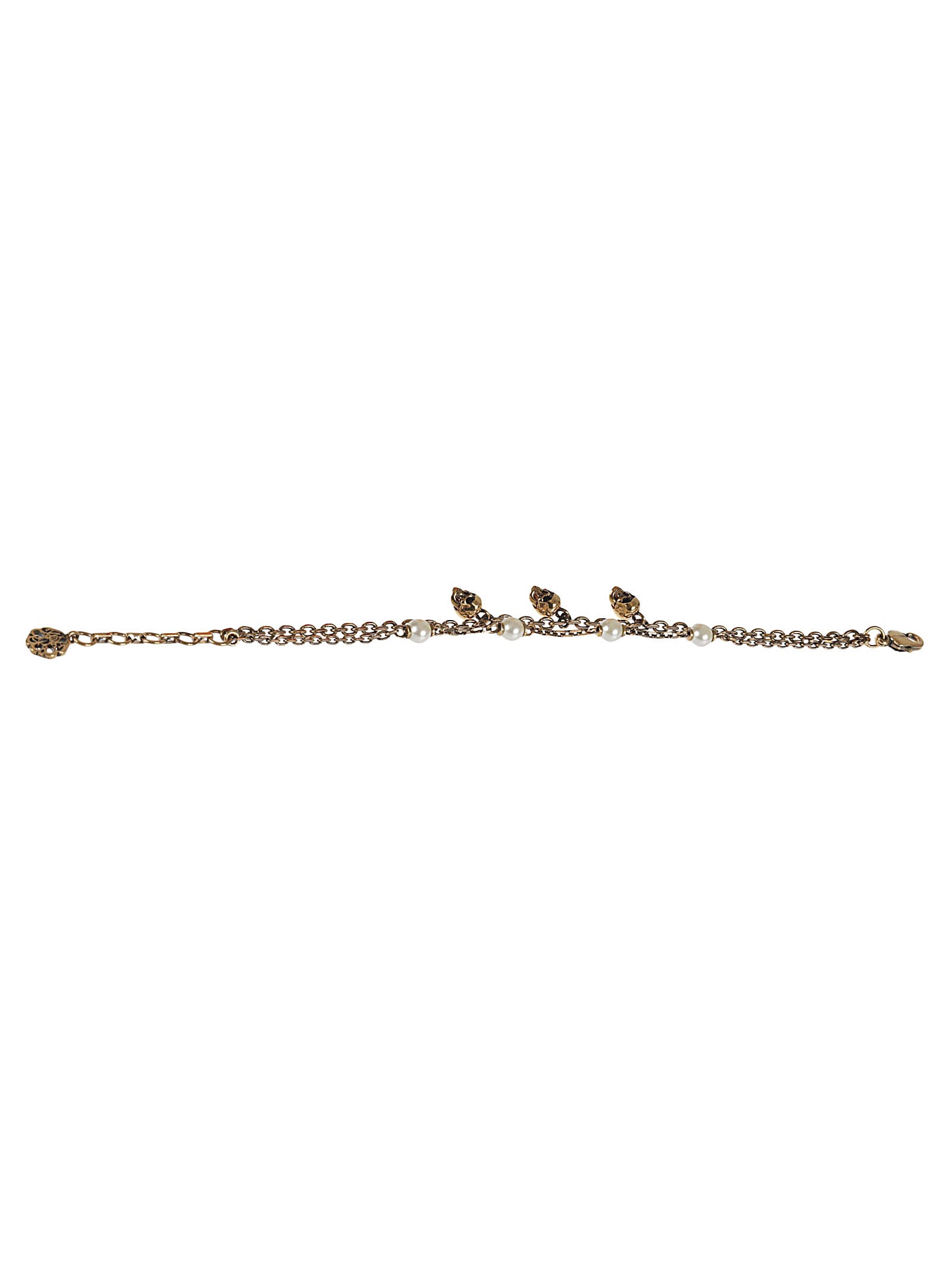 Alexander Mcqueen Skull Pearl Embellished Bracelet In Antique Gold/pearl
