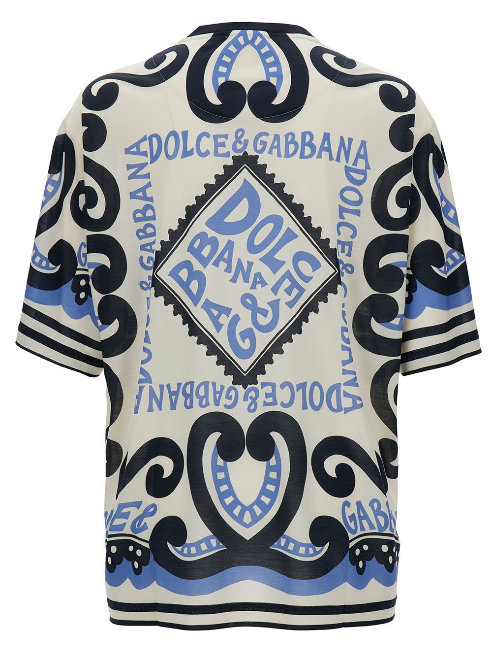 Shop Dolce & Gabbana Light Blue And White Crewneck T-shirt With Marina Print In Silk Man