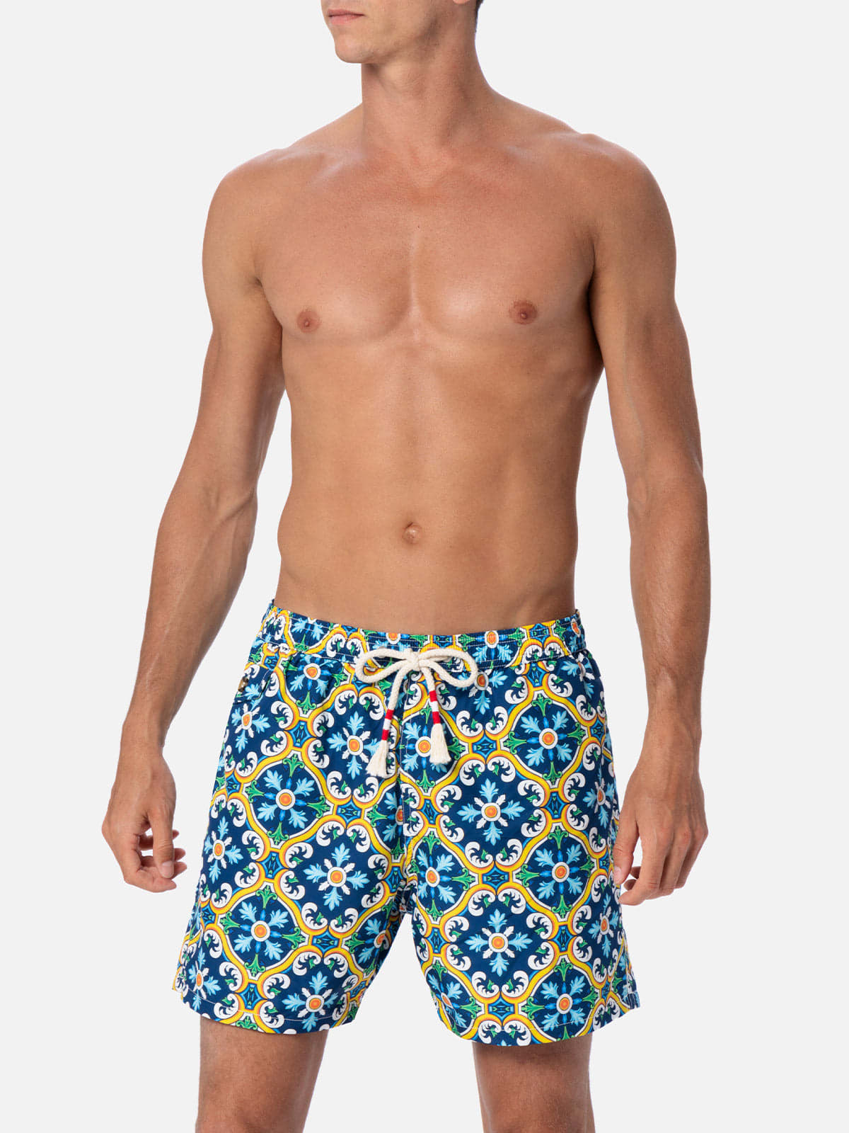 Mc2 Saint Barth Man Lightweight Fabric Swim-shorts Lighting 70 With Majolica Print In Blue