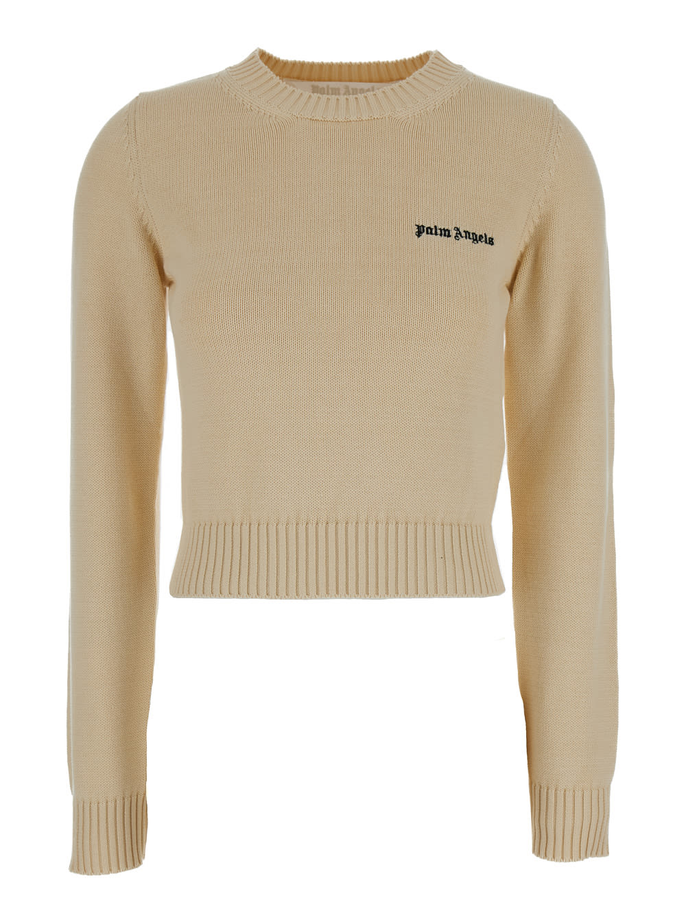 Shop Palm Angels Cream White Crewneck Sweater With Embroidered Logo In Cotton Woman In Beige