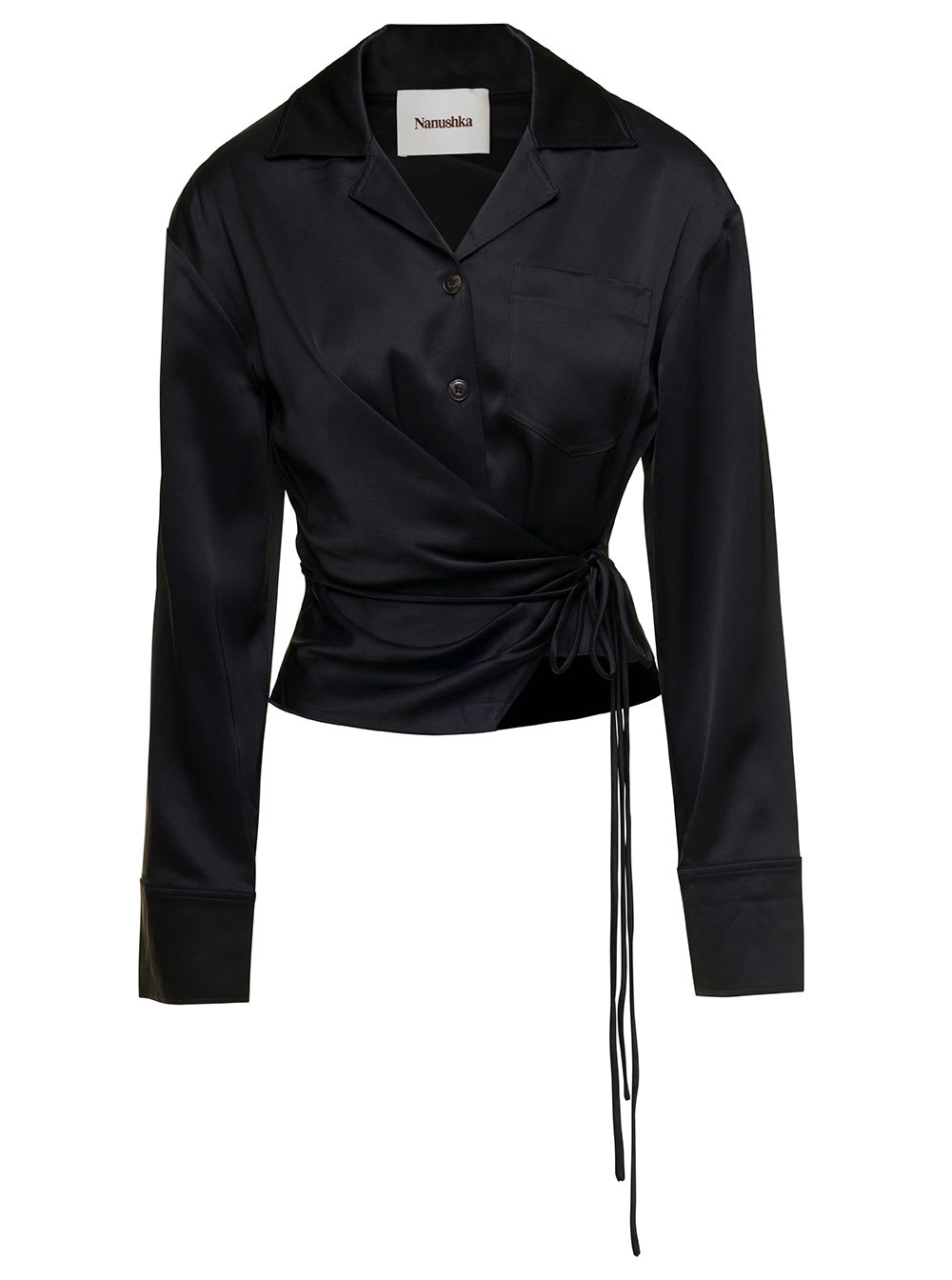 Shop Nanushka Black Shirt With Cuban Collar In Satin Fabric Woman