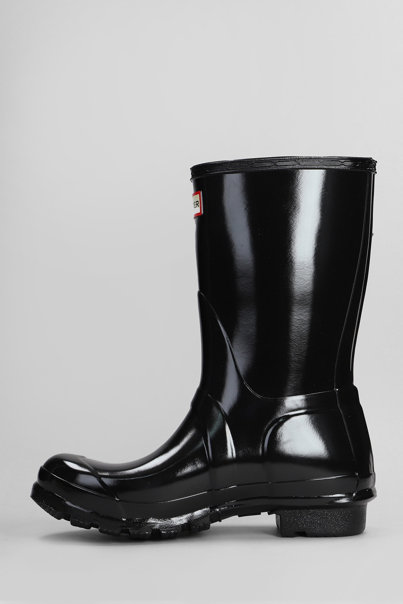 Hunter Original Short Gloss Low Heels Boots In Black Rubber/plasic In Black