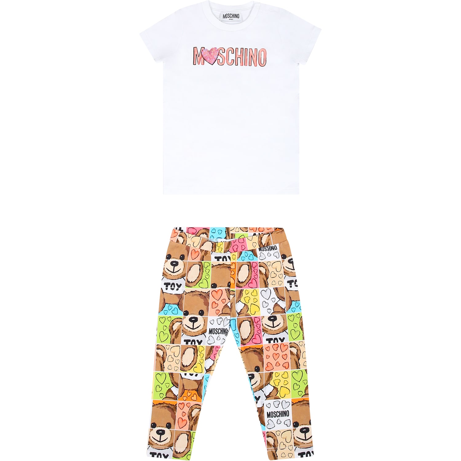 Shop Moschino White Suit For Baby Girl With Teddy Bear And Logo