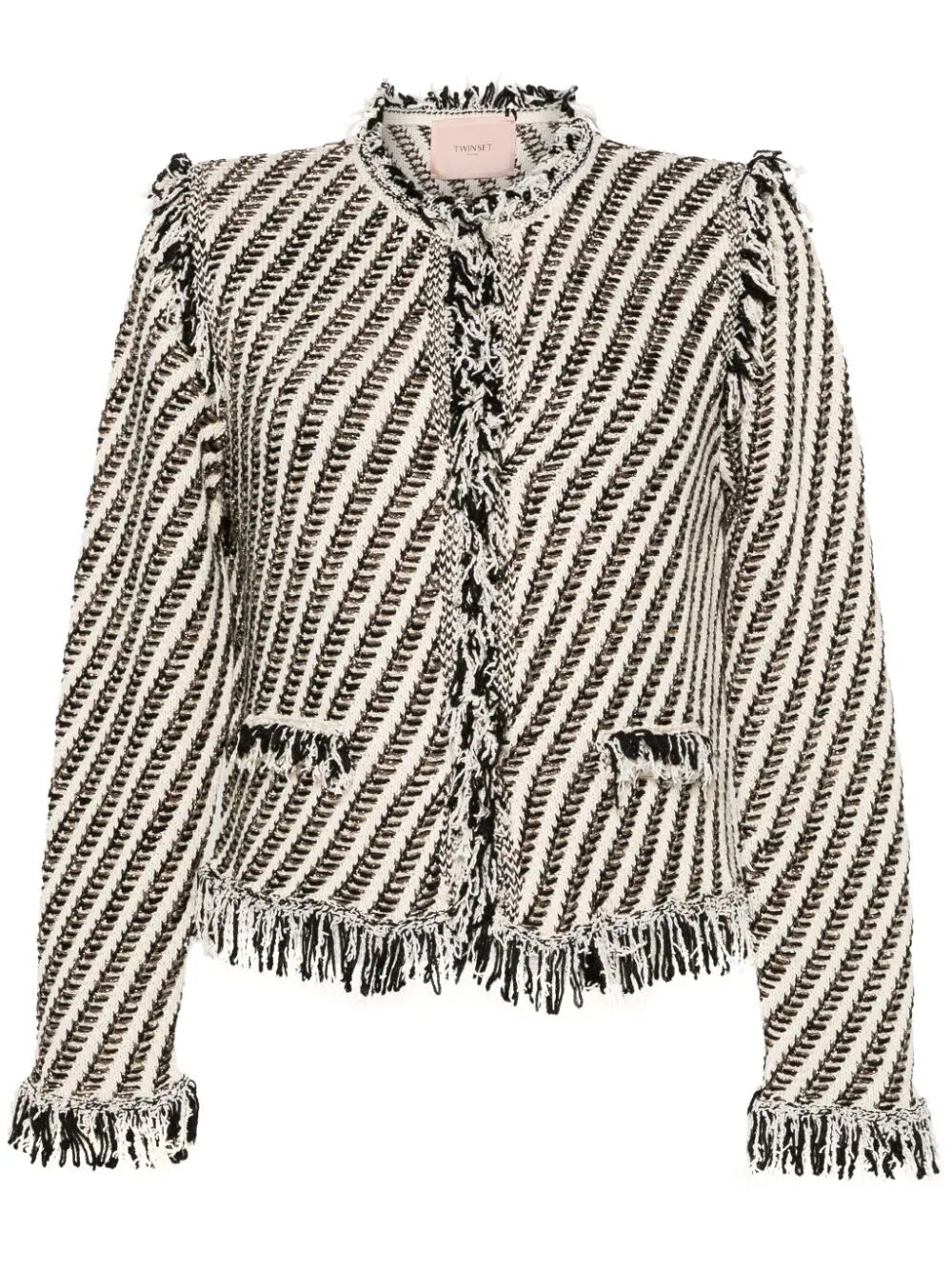 Shop Twinset Striped Jacket With Fringes In Jacquard Stripes Snow Black Lurex
