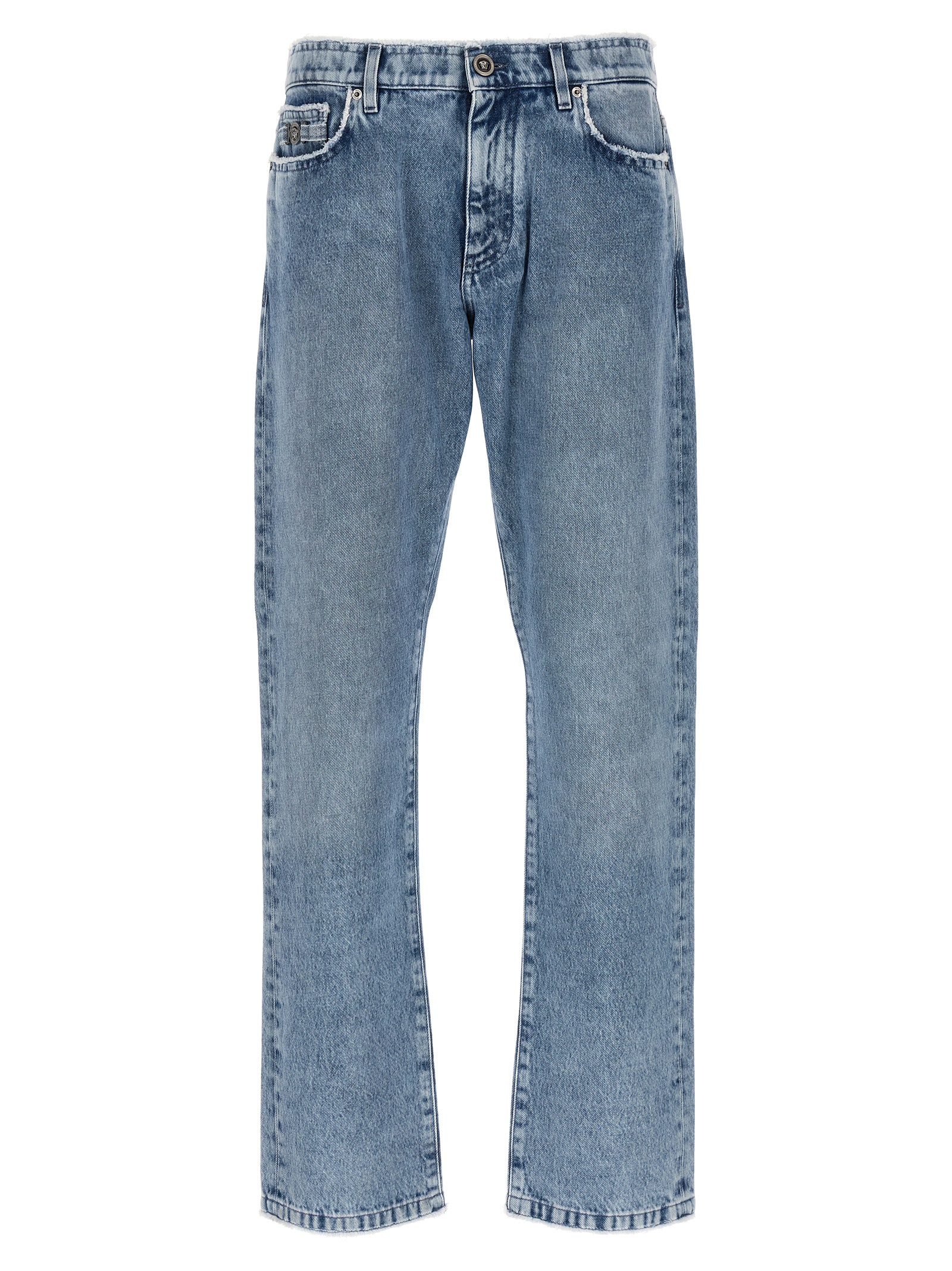 Shop Versace Fringed Jeans In Light Blue