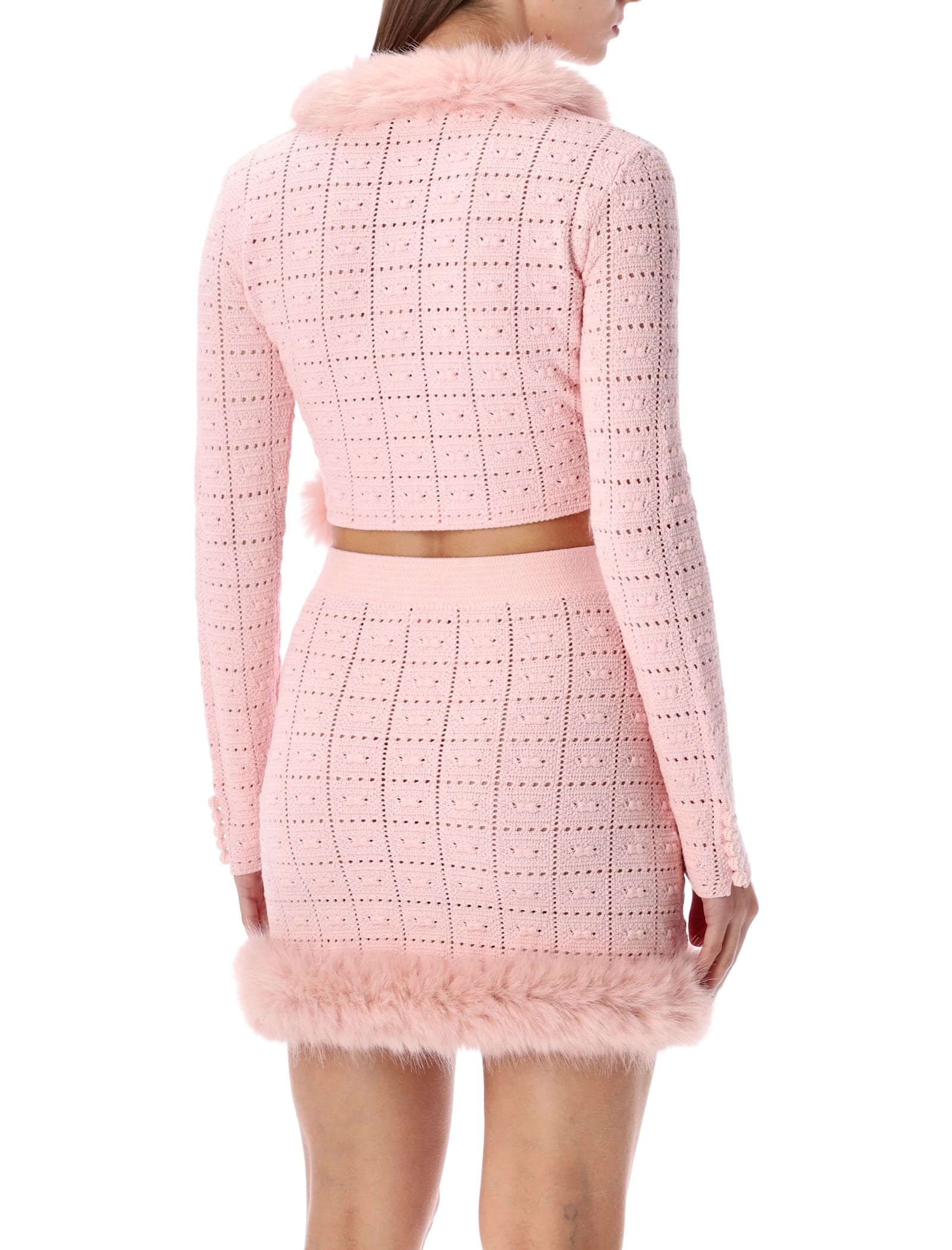 Self-portrait Pink Knit Cropped Cardigan With Faux Fur Collar In Pink