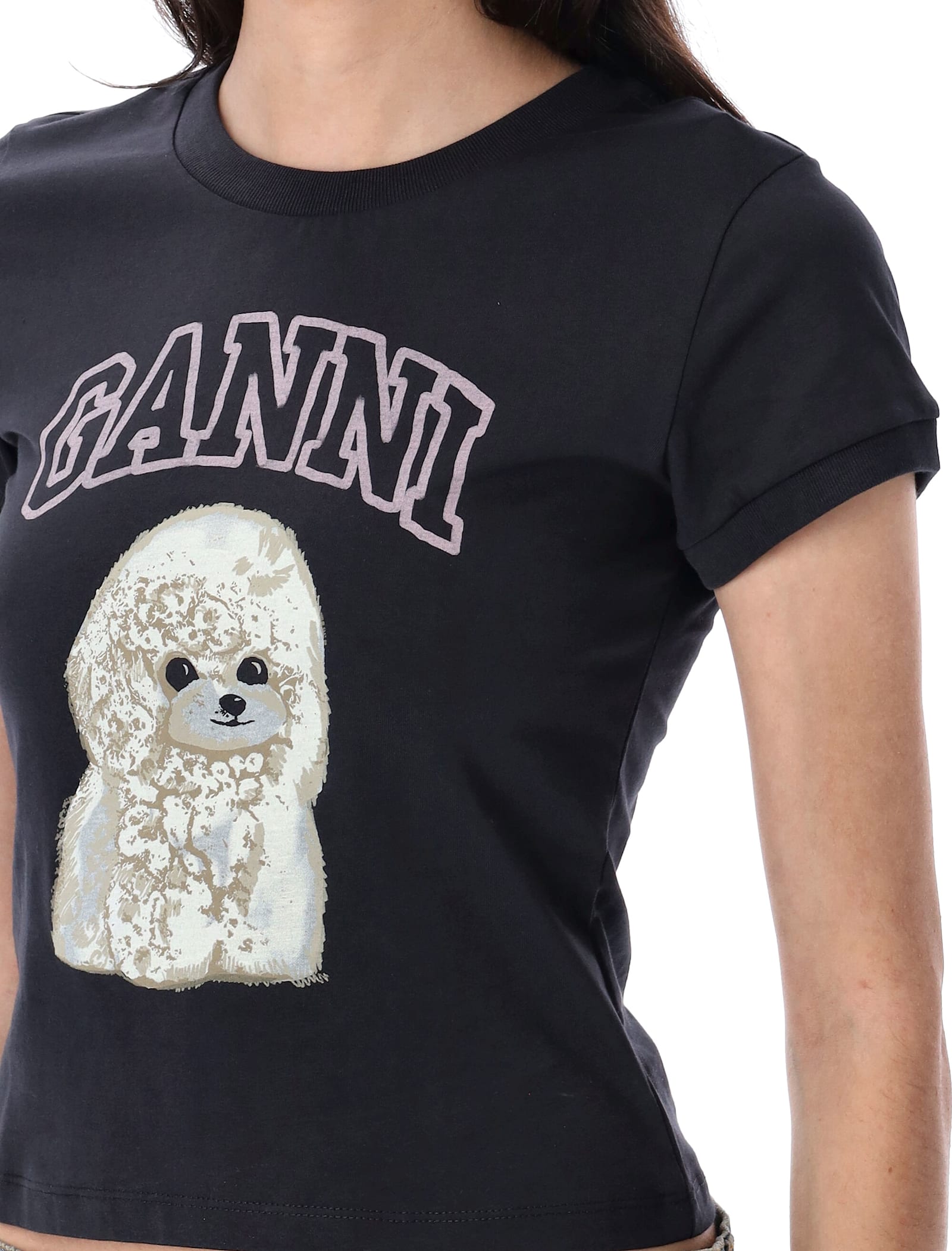 Ganni Washed Black T-shirt With Poodle Print In Animal Print