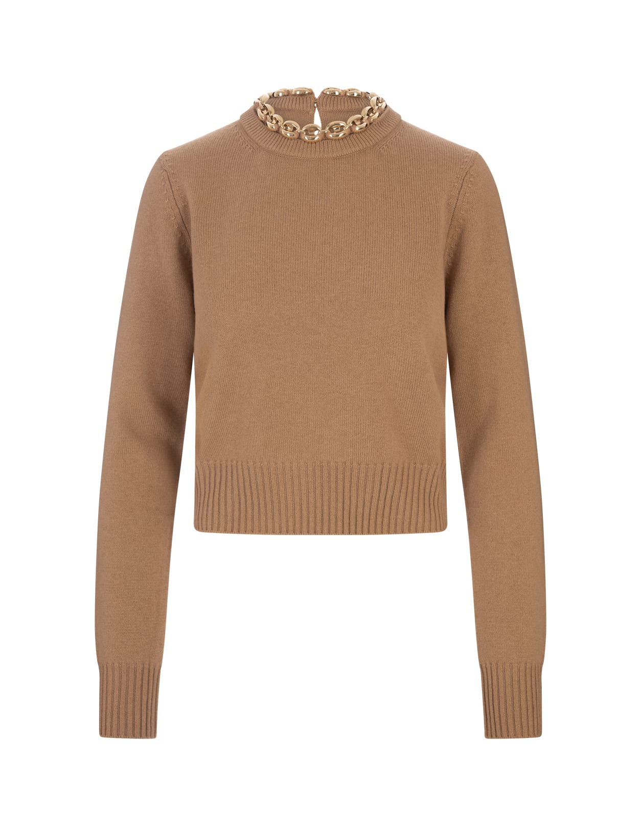 Shop Rabanne Camel Wool And Cashmere Sweater With Chain In Brown