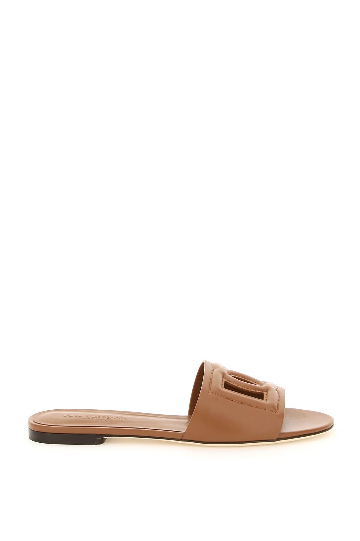 Shop Dolce & Gabbana Leather Slides With Cut-out Logo In Marrone Chiaro (brown)