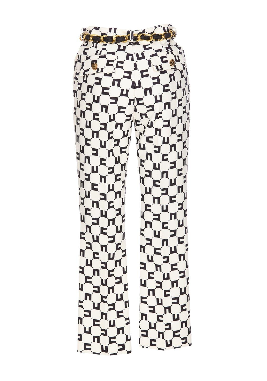 Shop Elisabetta Franchi Monogram Print Chain-link Trousers In Burro/nero