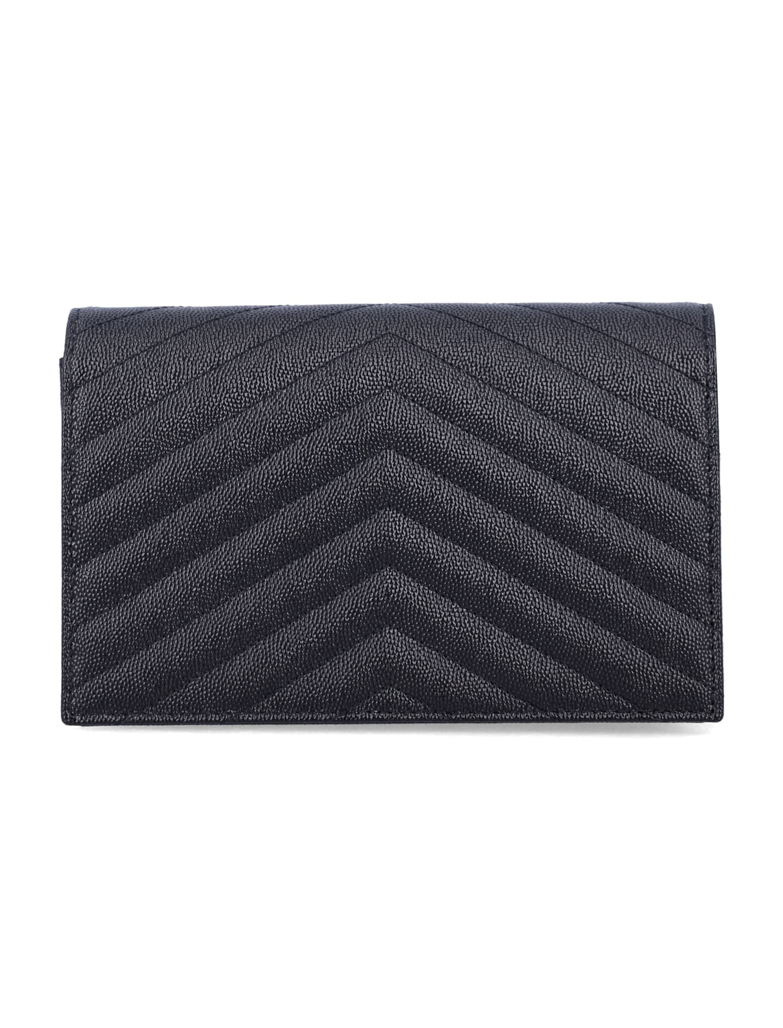Saint Laurent Cassandre Envelope Chain Wallet In Grain De Poudre Leather In Black