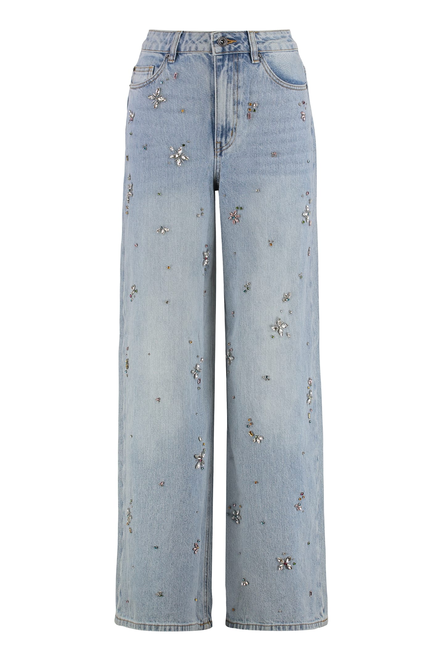 Self-portrait Embellished Wide Leg Jeans L. Blue In Blue