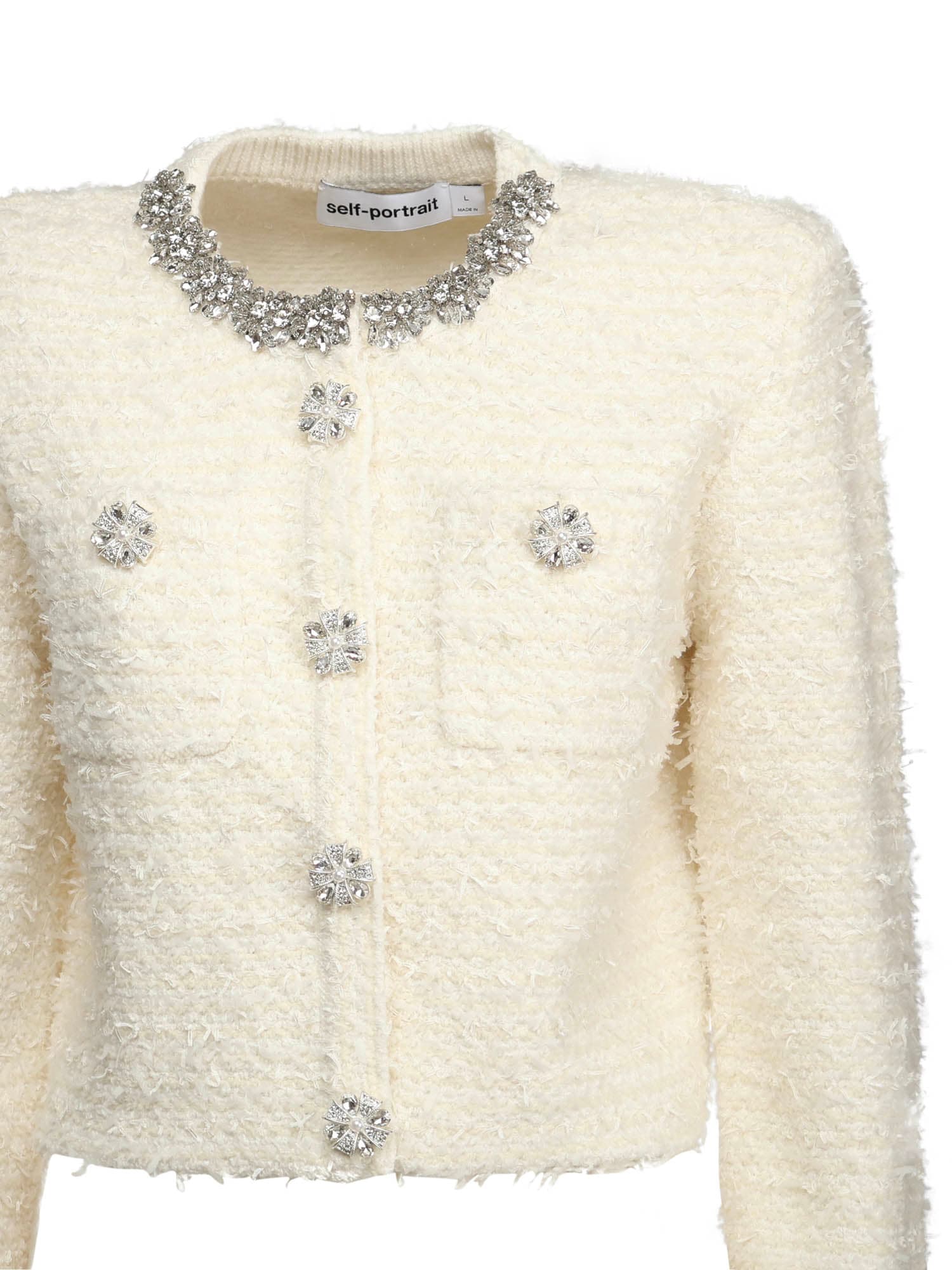 Self-portrait Bouclé Knit Cardigan In White