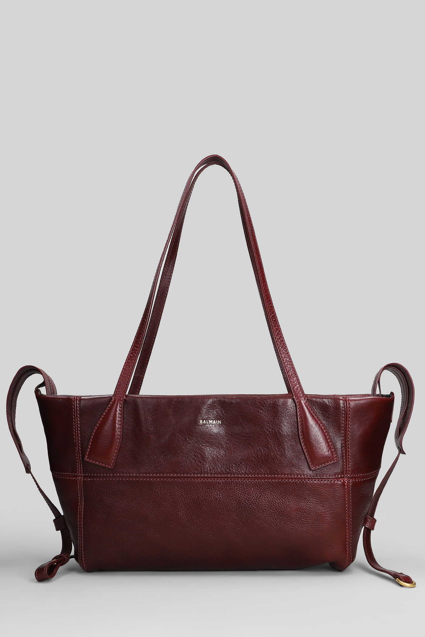 Balmain Track Zip Small Tote In Bordeaux Leather In Burgundy