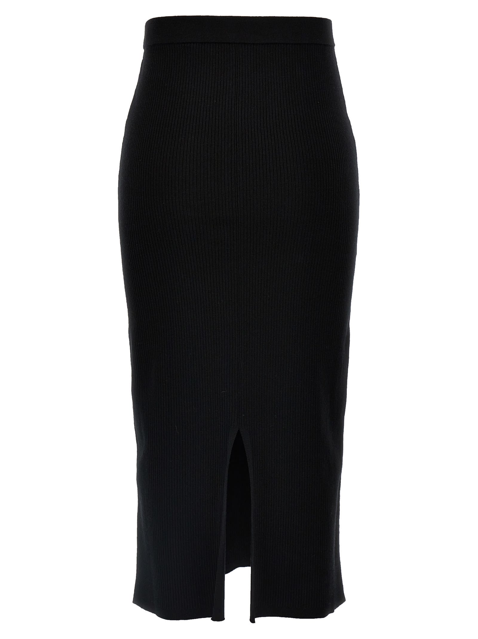 Alessandra Rich Ribbed Texture Midi Skirt With Front Slit In Black