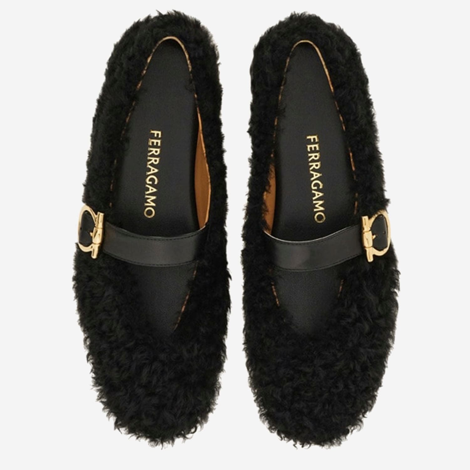 Ferragamo Gancini Ornamental Ballet Flats In Shearling In Black