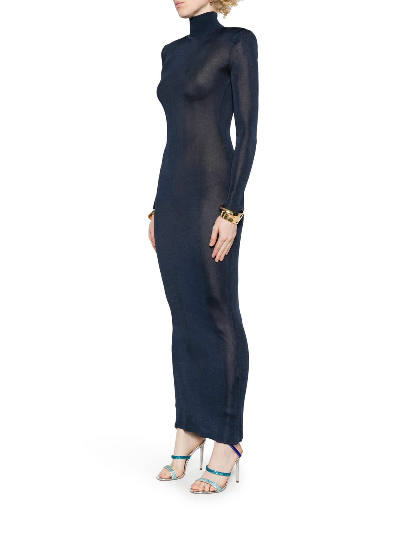 Self-portrait Ribbed Lurex Knit Turtleneck Maxi Dress In Blue