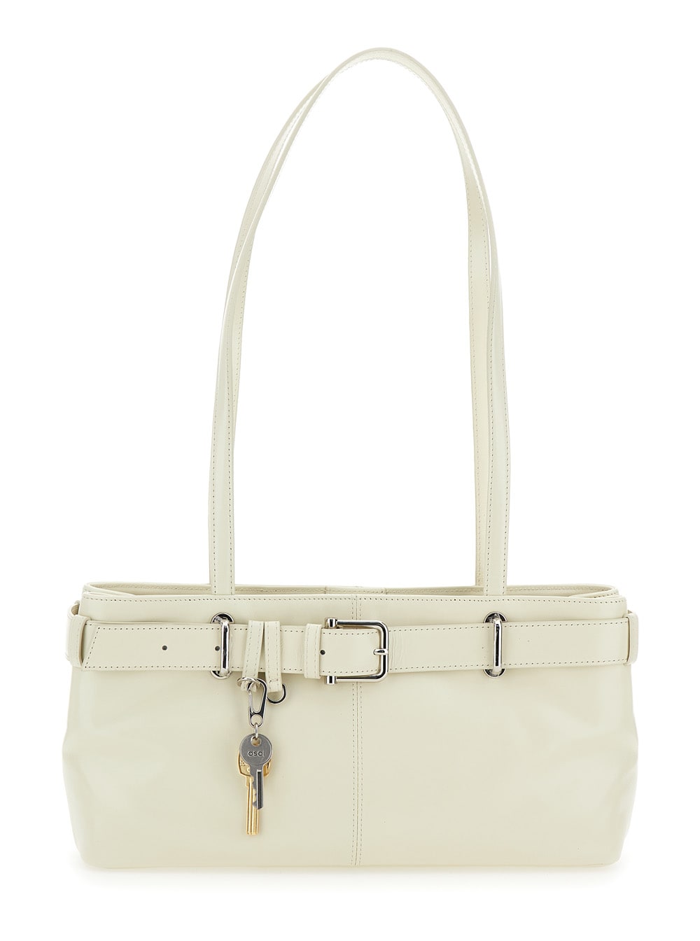 White Shoulder Bag With Belt Detail And Pendant Keys In Leather Woman