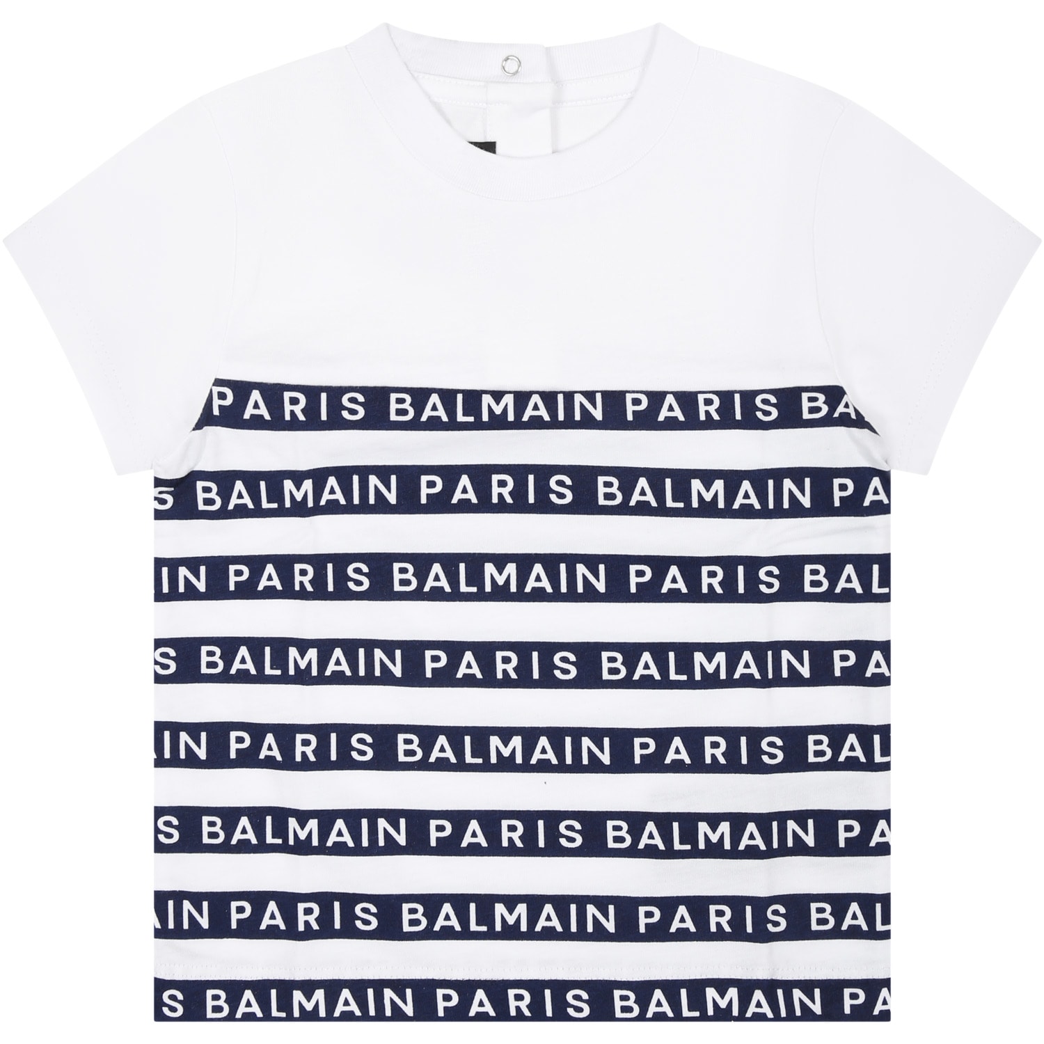 Shop Balmain White T-shirt For Baby Boy With Blue Stripes And Logo