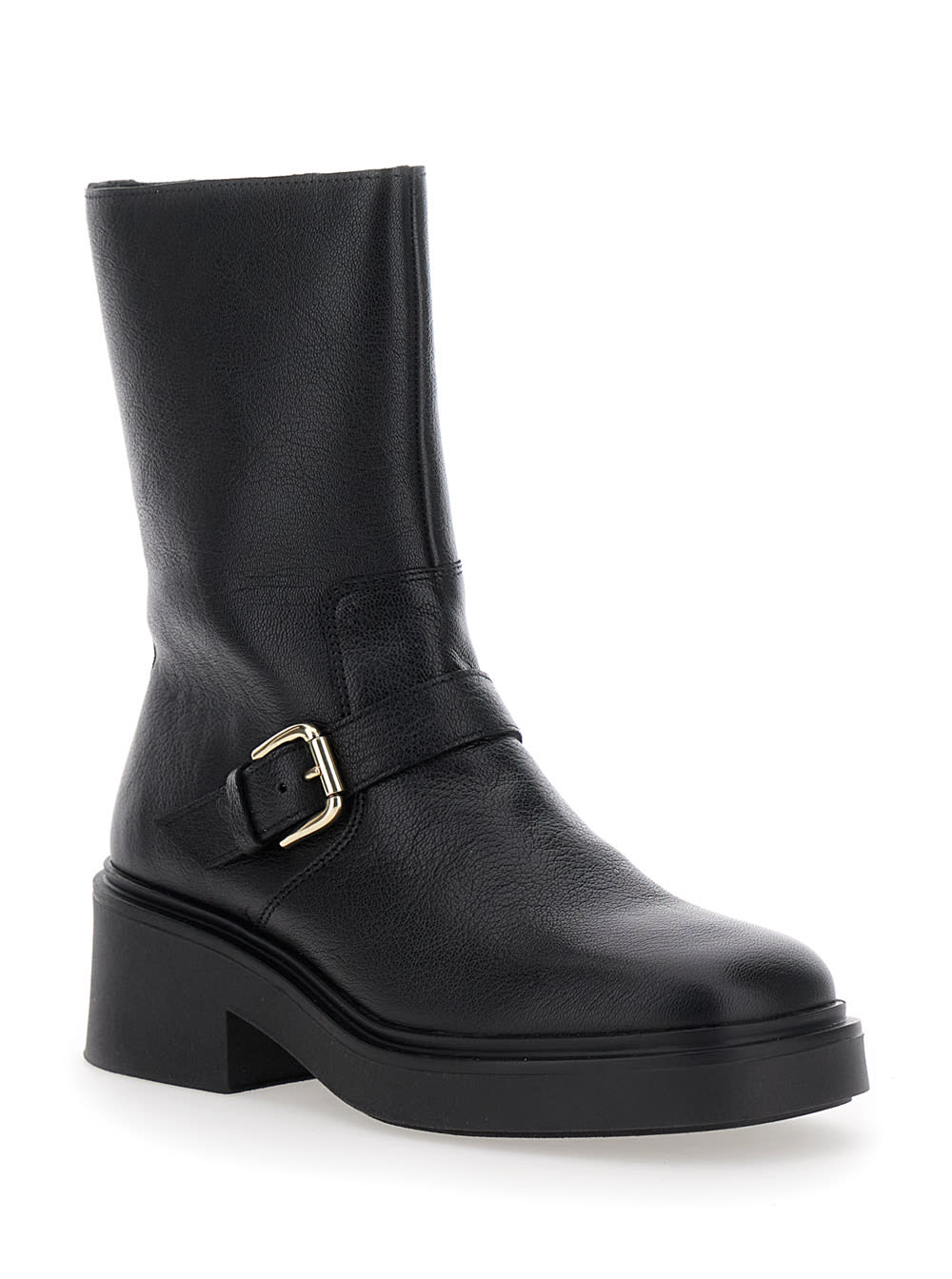 Shop Pollini Black Boots With Decorative Buckle In Leather Woman