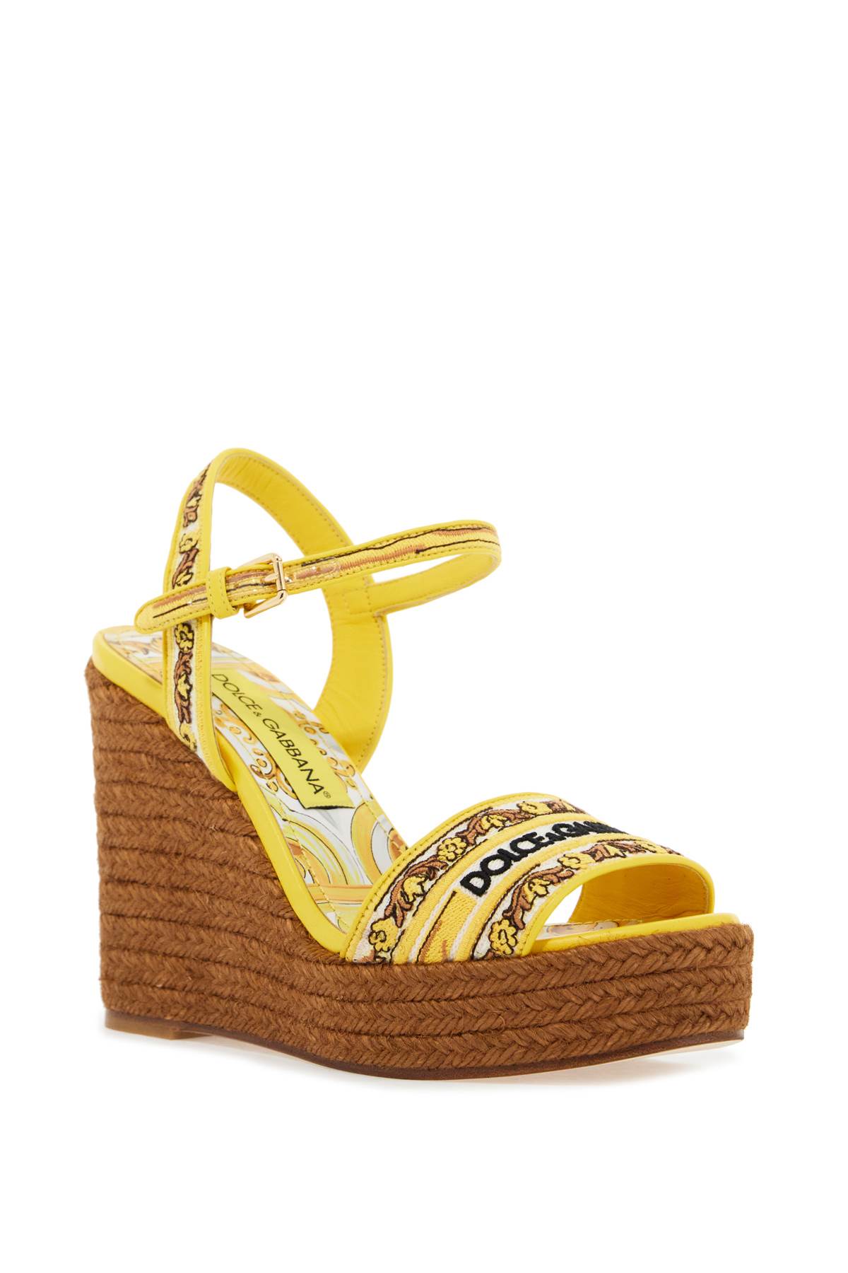 Shop Dolce & Gabbana Maiolica Embroidered Wedge Sandals In Multicolor/sole (yellow)