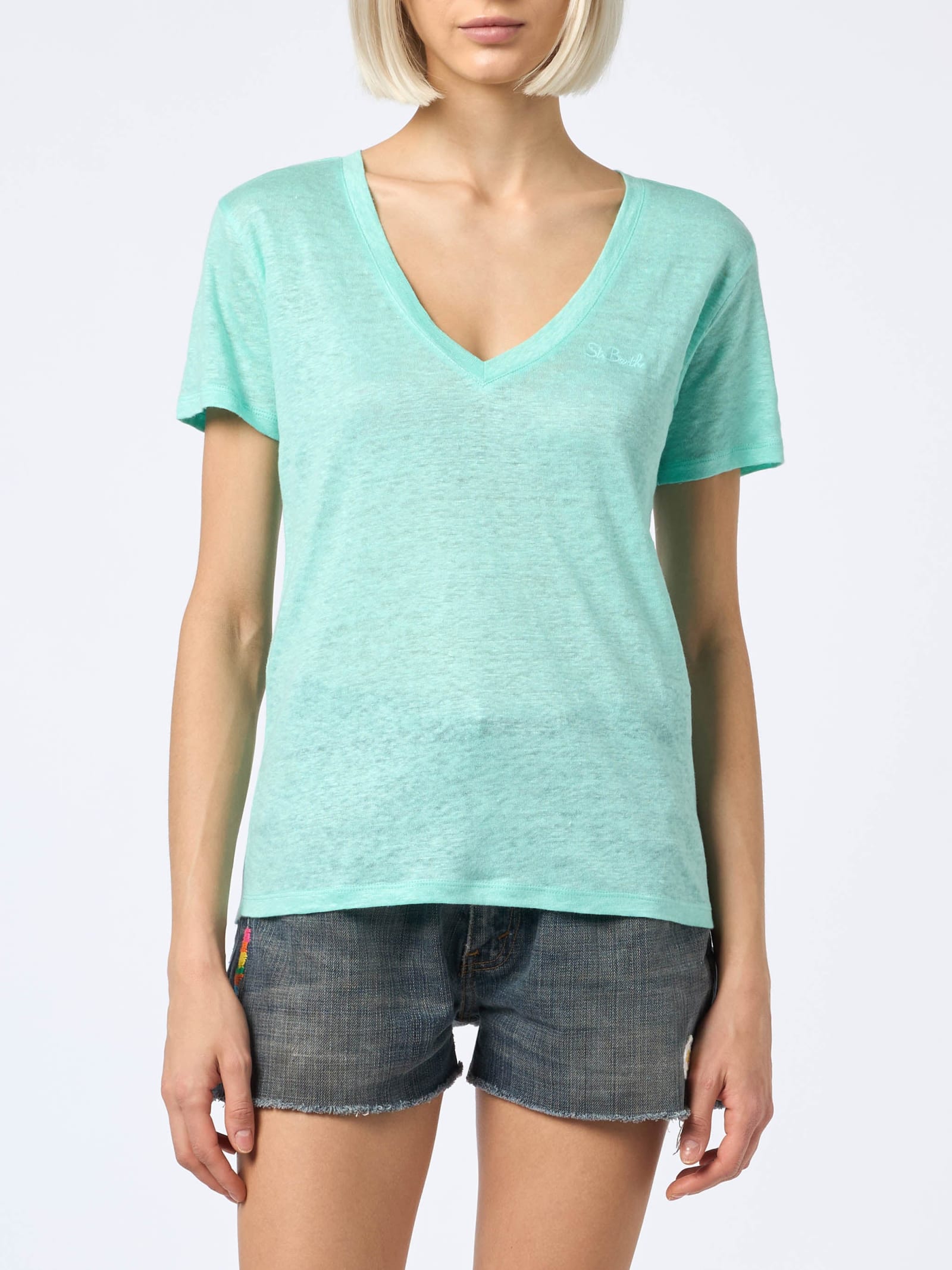 Mc2 Saint Barth Woman Linen Jersey Sage Green V-neck T-shirt Eloise In Green