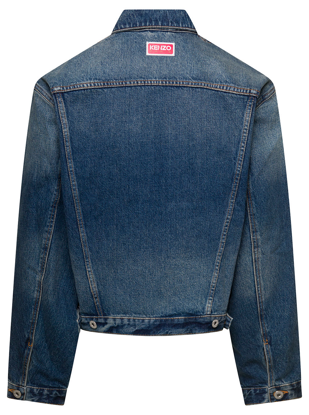 Shop Kenzo Blue Denim Jacket With Logo Patch And Contrasting Stitching In Cotton Denim Man