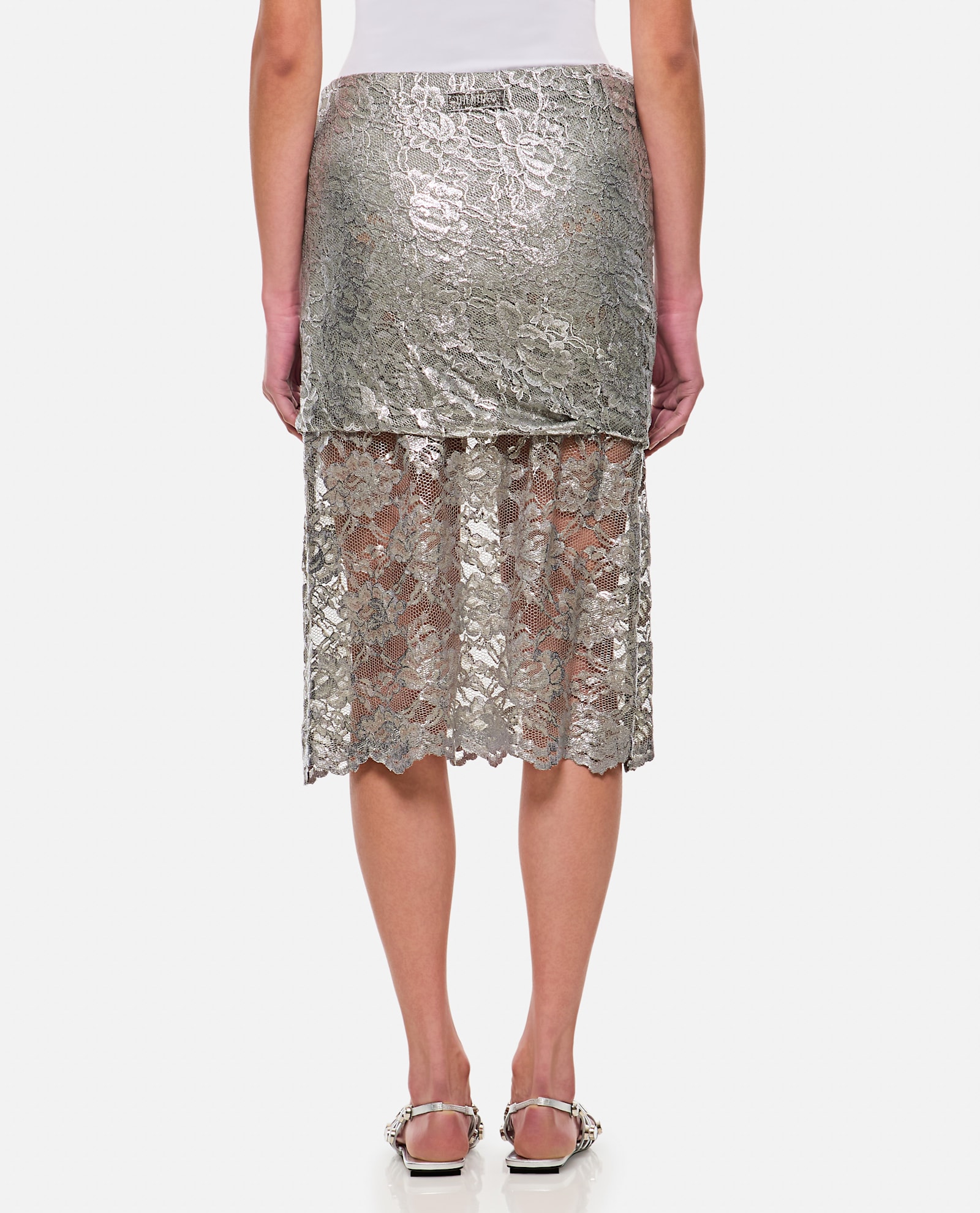 Attico Lace Midi Skirt In Silver
